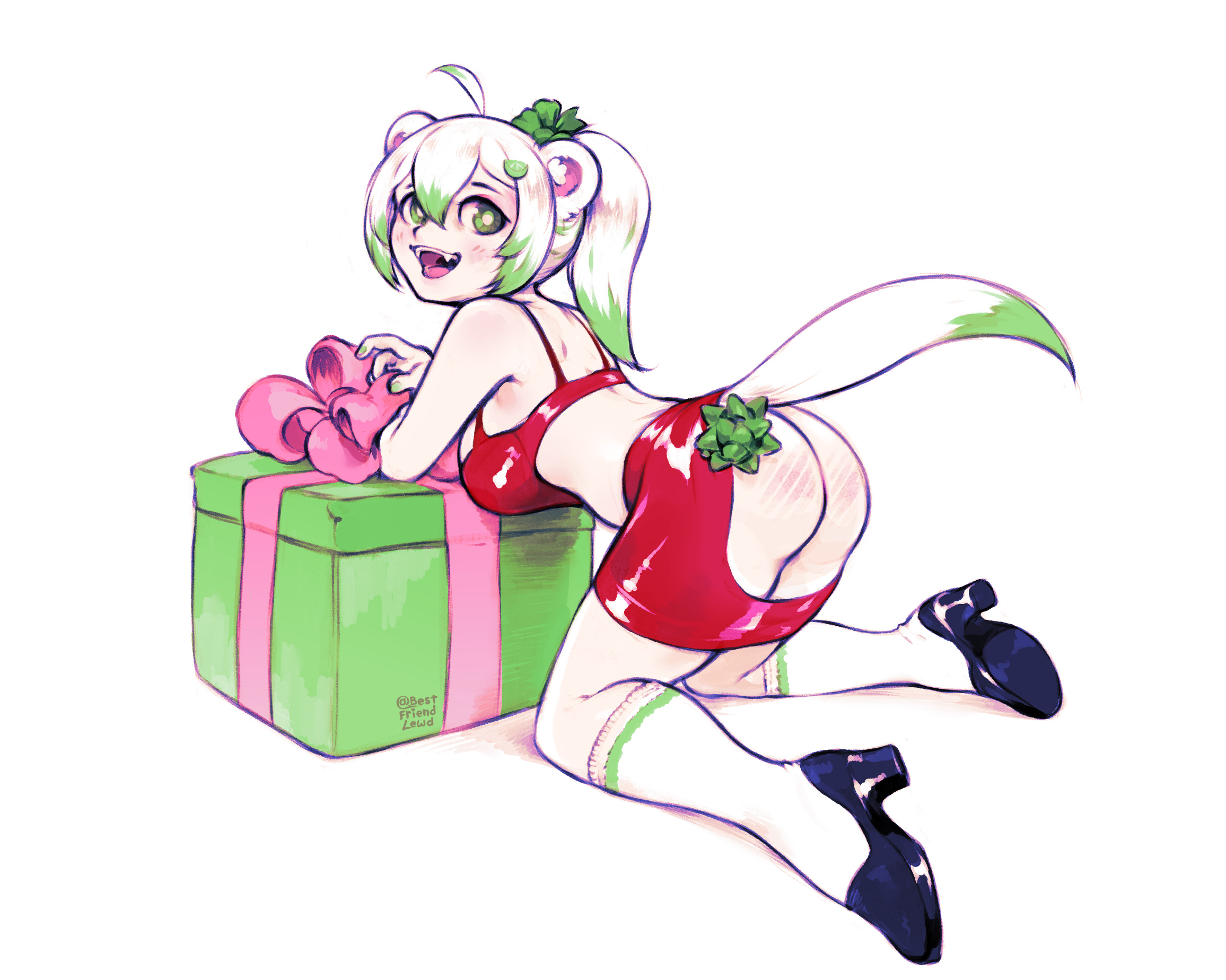 bestfriendforever, laimu (vtuber), indie virtual youtuber, commentary, english commentary, highres, 1girl, ahoge, animal ears, ass, ass focus, assless skirt, back, bare shoulders, bra, christmas present, ferret ears, ferret girl, ferret tail, gift, green eyes, green hair, green tail, high heels, kneeling, looking back, multicolored tail, open mouth, ponytail, red bra, red skirt, ribbon, skirt, socks, tail, thighs, underwear, virtual youtuber, white background, white hair, white socks, white tail