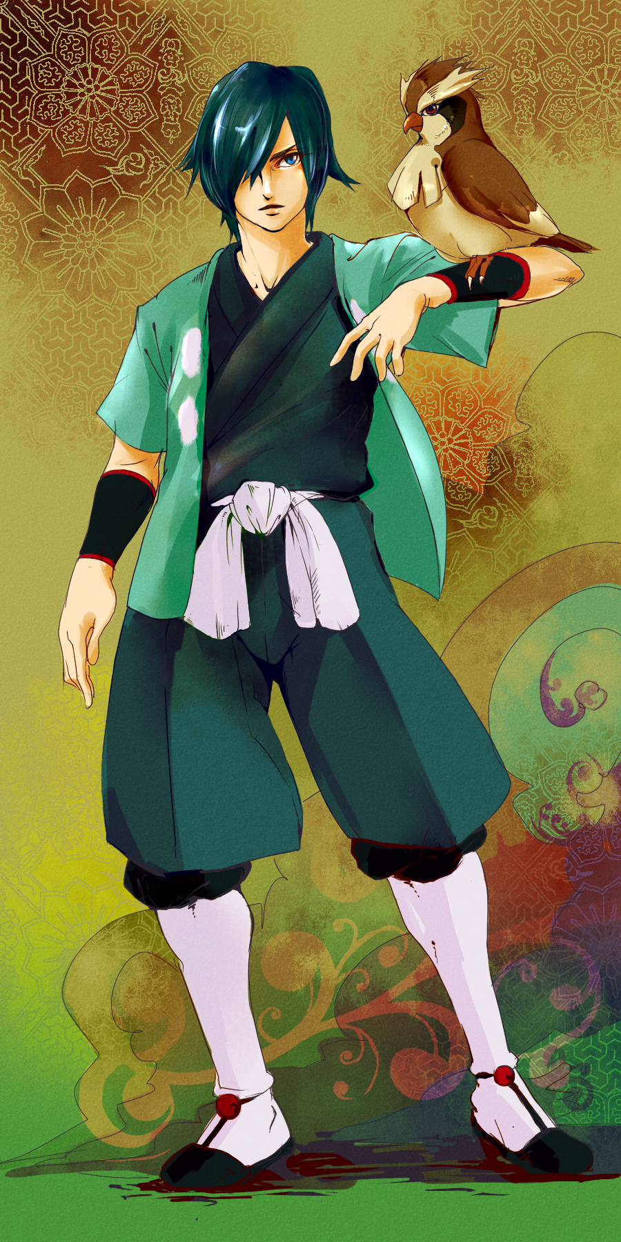 g-son59, falkner (pokemon), pidgey, nintendo, pokemon, pokemon hgss, bad id, bad pixiv id, highres, 00s, 1boy, blue eyes, blue hair, gen 1 pokemon, gym leader, japanese clothes, male focus, matching hair/eyes, pokemon (creature)