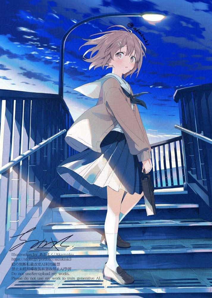 akamoku, original, 1girl, bag, handbag, lamppost, long sleeves, outdoors, short hair, skirt, socks, solo, stairs, standing, white socks