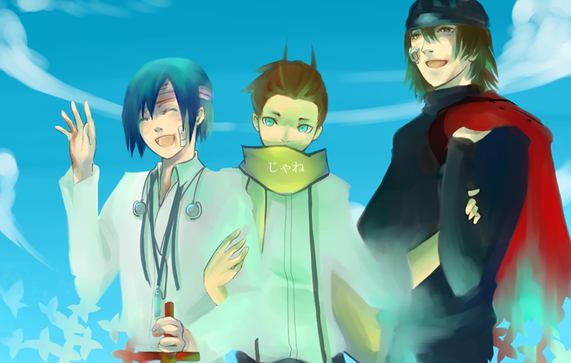 numina, aragaki shinjirou, mochizuki ryouji, yuuki makoto (persona 3), atlus, persona, persona 3, 3boys, bandages, beanie, blood, blue eyes, blue hair, bug, butterfly, closed eyes, hat, headphones, insect, male focus, multiple boys, scarf, short hair, smile, suspenders, turtleneck, waving