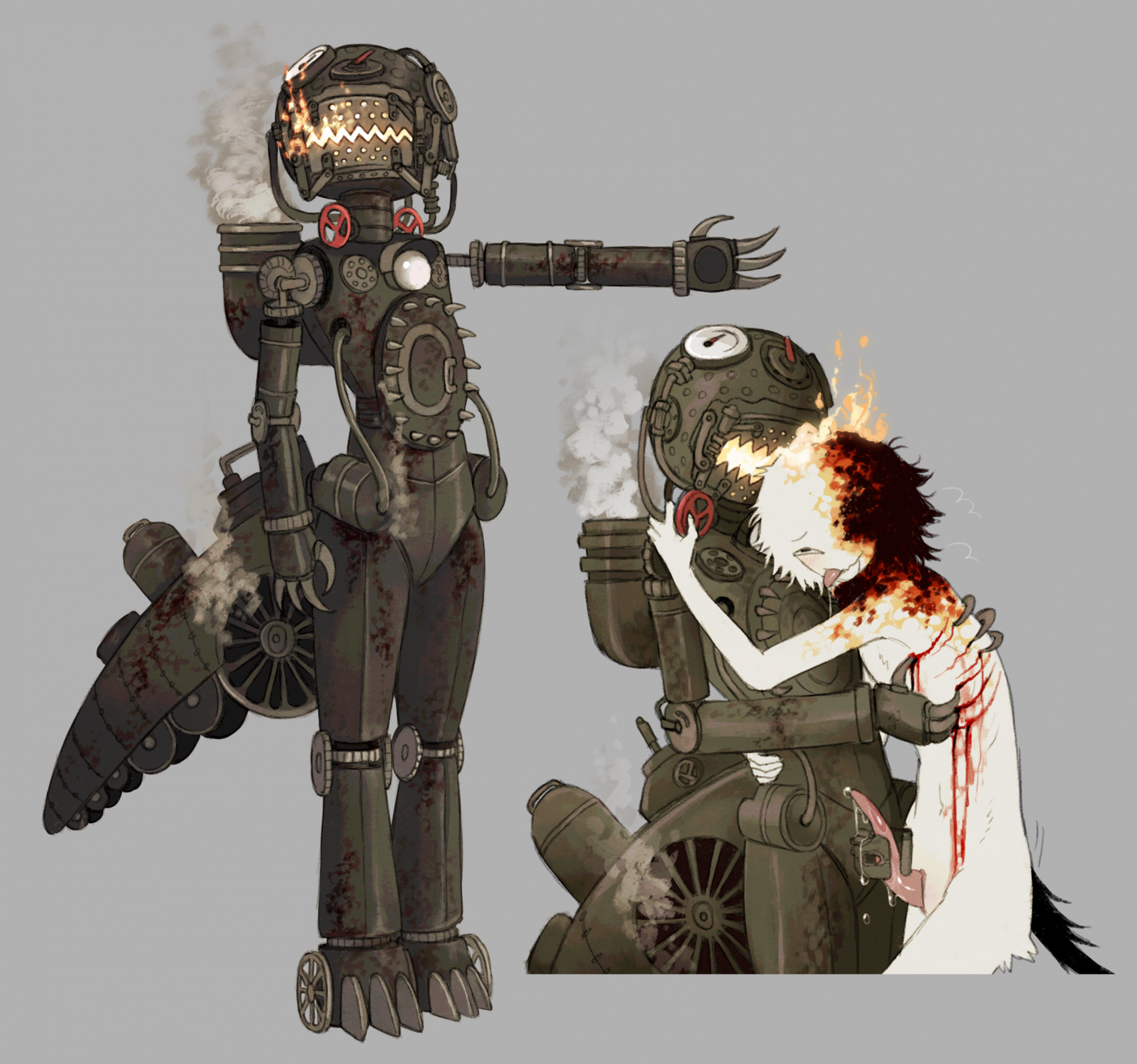 jejejunum, ember (jejejunum), hellmouth (jejejunum), original, commentary, english commentary, highres, 1boy, 1girl, black tail, blood, body fur, burning, burnt, cuts, erection, fire, grey background, hetero, hug, humanoid robot, injury, masochism, mechanophilia, penis tentacle, precum, robot, rust, scratches, simple background, smile, split-color fur, standing, steam, tail, tentacles, tongue, tongue out, valve, white hair
