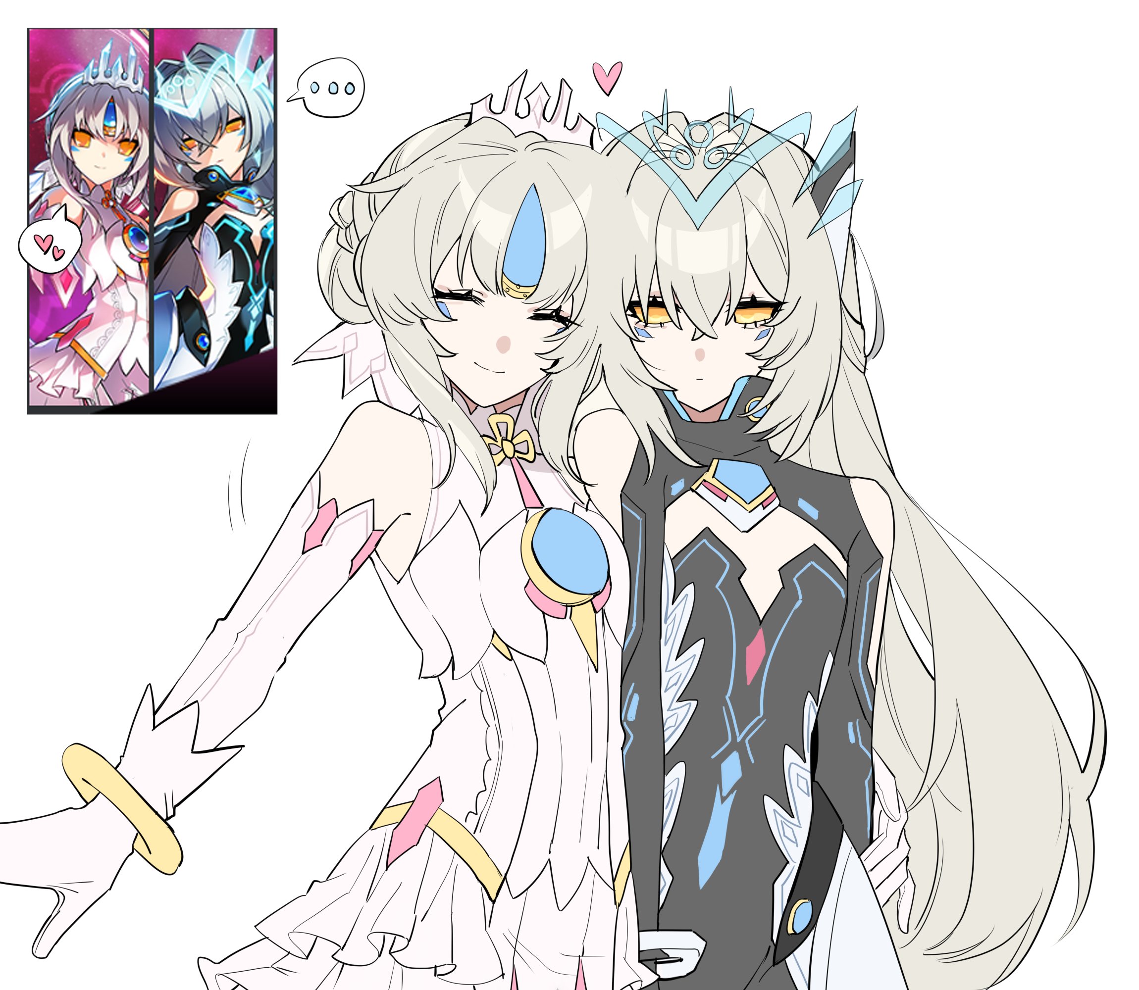 code: esencia (elsword), code: sariel (elsword), eve (elsword), elsword, commentary request, highres, …, 2girls, ^ ^, bare shoulders, bodysuit, closed eyes, dress, eirlys els, expressionless, gloves, grabbing another's arm, heart, long hair, multiple girls, simple background, smile, white hair, yellow eyes, yuri