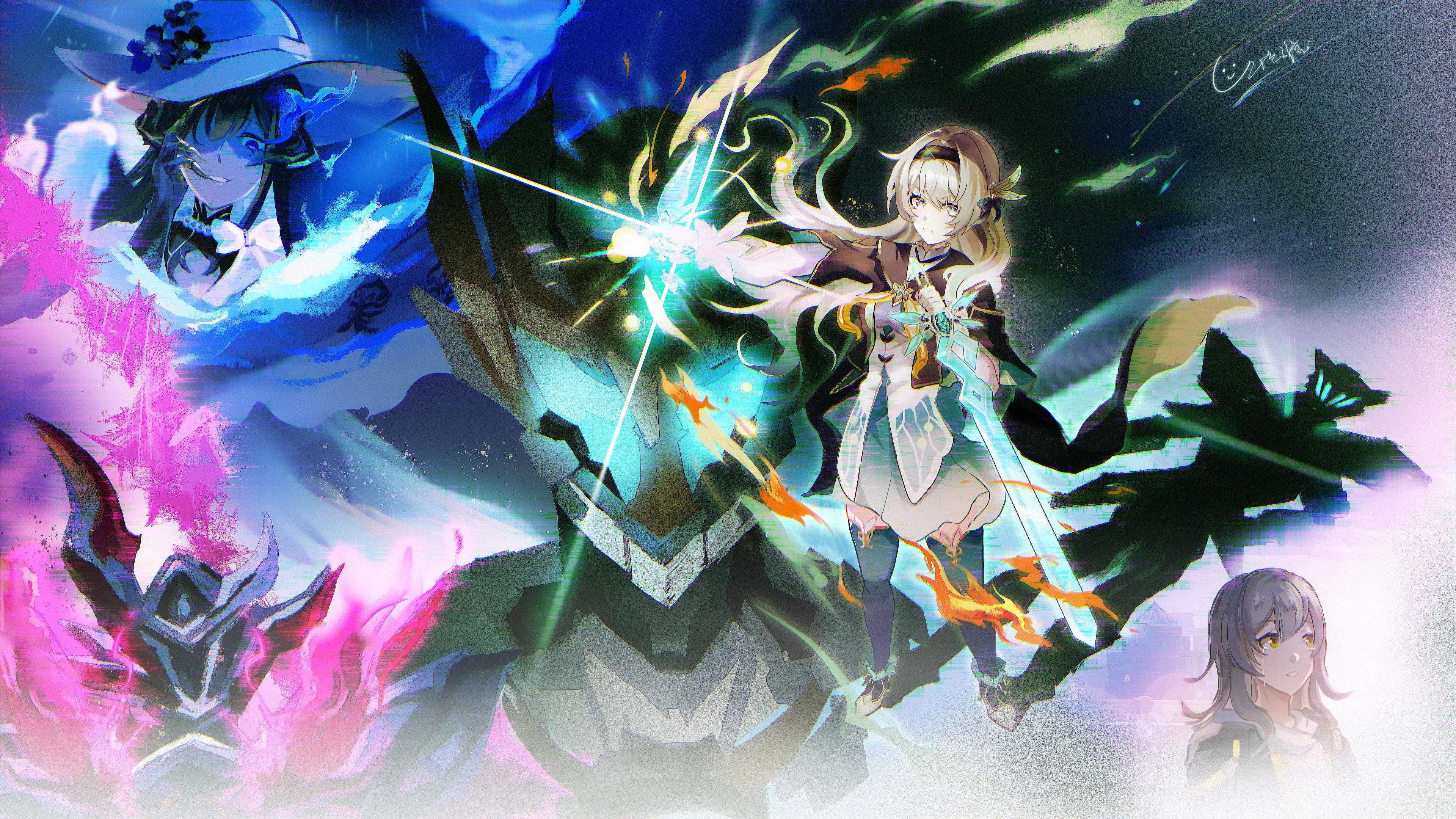 qise zhijing, firefly (honkai: star rail), sam (honkai: star rail), stelle (honkai: star rail), the dahlia (honkai: star rail), trailblazer (honkai: star rail), honkai: star rail, honkai (series), absurdres, commentary request, highres, 3girls, black hair, black jacket, breasts, dress, fire, full body, green dress, green thighhighs, grey hair, hair between eyes, hair ornament, hat, holding, holding weapon, jacket, looking at viewer, medium breasts, multiple girls, neckerchief, orange neckerchief, signature, sun hat, thighhighs, weapon, yellow eyes, zettai ryouiki