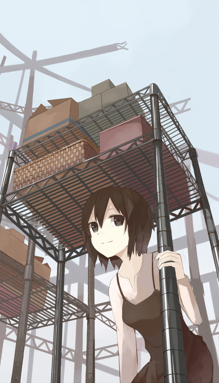 mazonano, nekomegane, original, highres, 1girl, basket, box, brown eyes, brown hair, dress, female focus, long sleeves, outdoors, short hair, sky, smile, solo