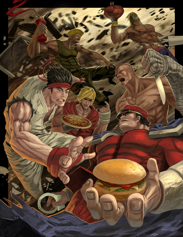 jessada-nuy, jessada sutthi, guile, ken masters, m. bison, ryu (street fighter), sagat, vega (street fighter), capcom, street fighter, bad deviantart id, bad id, 6+boys, abs, bald, black hair, blonde hair, burger, claws, crate, cuffs, dog tags, epic, eyepatch, food, handcuffs, hat, headband, ketchup, knife, male focus, mask, multiple boys, muscular, parody, pizza, scar, short hair, tattoo, turkey (bird), turkey (food), united states