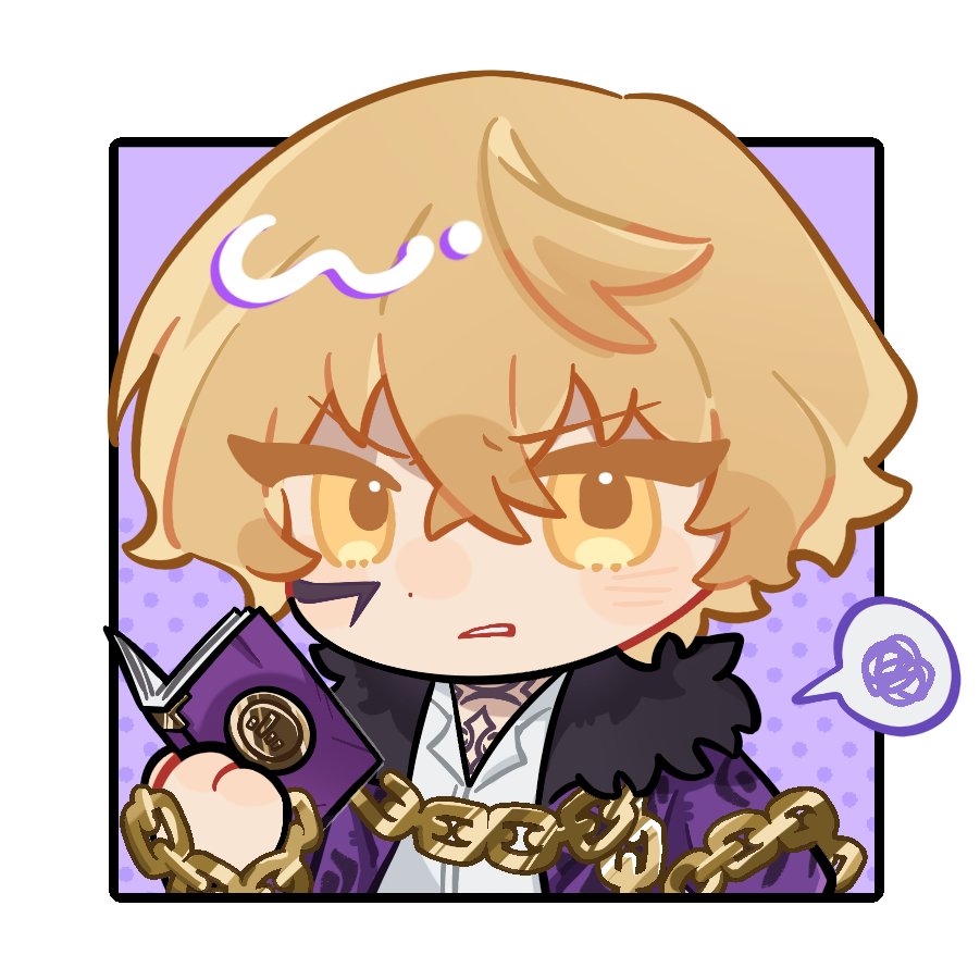 sinclair (project moon), limbus company, project moon, commentary, symbol-only commentary, 1boy, blonde hair, book, border, chain, chibi, collared shirt, fur collar, holding, holding book, looking at viewer, middle (identity) (project moon), mubzhmngdedngp1, shirt, short hair, solo, spoken squiggle, squiggle, white border, white shirt, yellow eyes