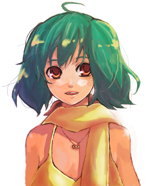 pisuke, ranka lee, macross, macross frontier, bad id, bad pixiv id, 00s, 1girl, female focus, green hair, red eyes, scarf, solo, white background