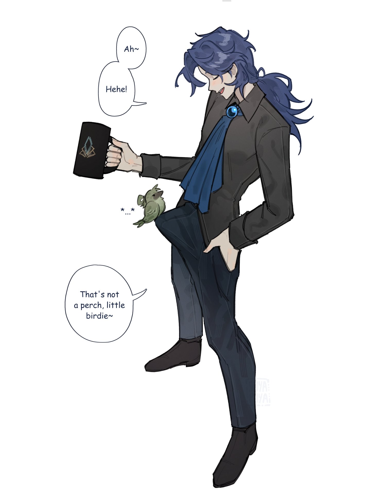 suyapuya, chesed (project moon), netzach (project moon), library of ruina, project moon, commentary, english commentary, highres, 1boy, ascot, bird, black pants, black shirt, blue ascot, blue hair, bulge, collared shirt, cup, english text, erection, erection under clothes, full body, holding, holding cup, meme, pants, parody, shirt, simple background, speech bubble, white background