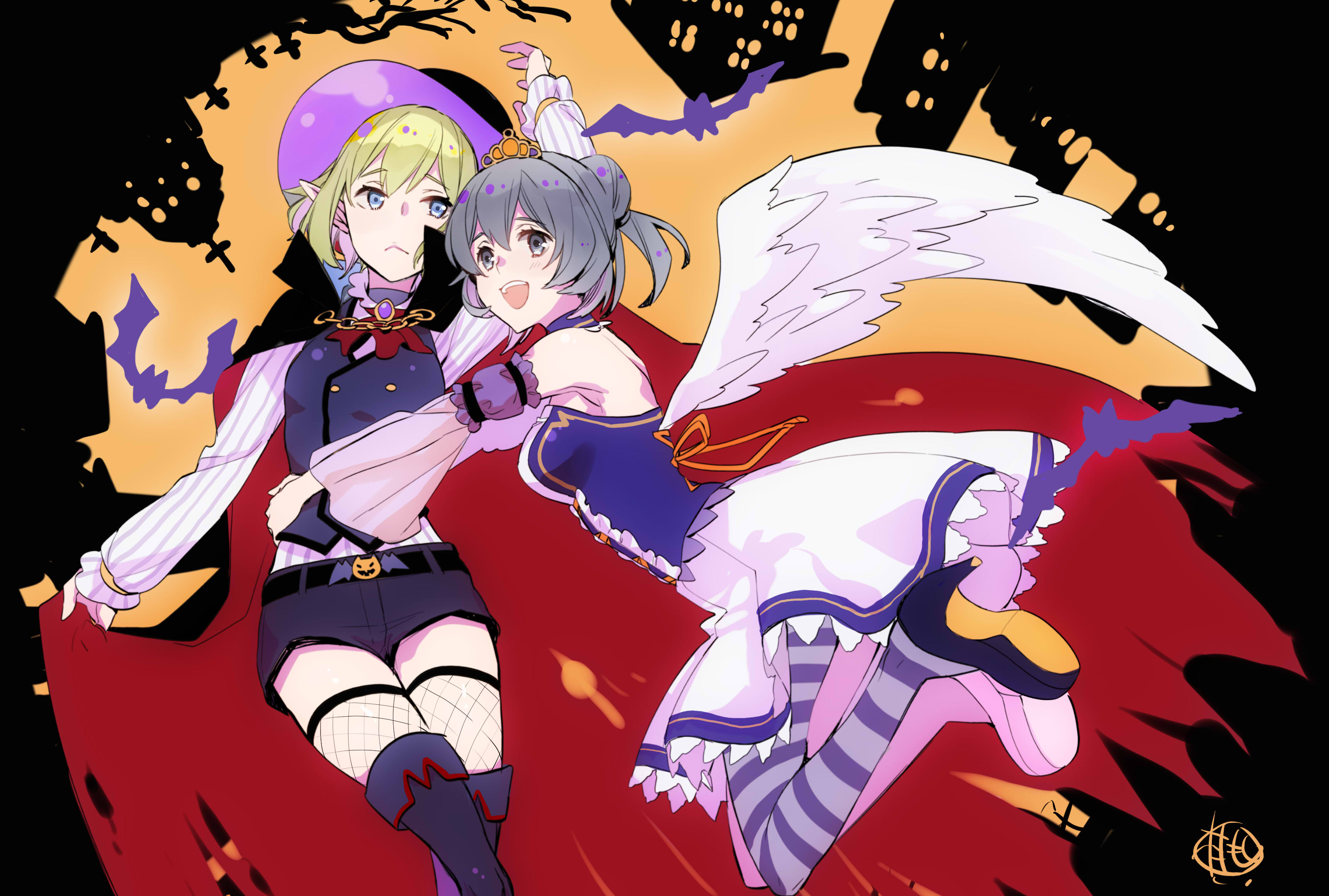 momoyama hinase, ryu lion, syr flover, danmachi memoria freese, dungeon ni deai wo motomeru no wa machigatteiru darou ka, absurdres, commentary request, highres, 2girls, :d, arm up, arms around waist, bare shoulders, black shorts, black vest, blue eyes, breasts, cape, cape hold, closed mouth, detached sleeves, elf, feathered wings, green hair, grey eyes, grey hair, halloween, halloween costume, hat, medium breasts, multiple girls, official alternate costume, open mouth, pantyhose, pointy ears, purple hat, red cape, shirt, short hair, short shorts, shorts, signature, small breasts, smile, striped clothes, striped pantyhose, striped shirt, tiara, vest, white wings, wings