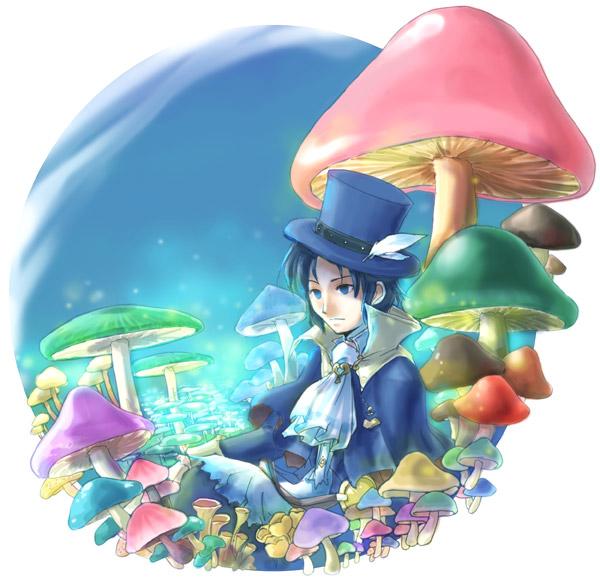 fuju, frederic chopin (trusty bell), trusty bell, bad id, bad pixiv id, 1boy, blue eyes, blue hair, chibi, hat, male focus, matching hair/eyes, mushroom, nature, outdoors, sky, solo, top hat