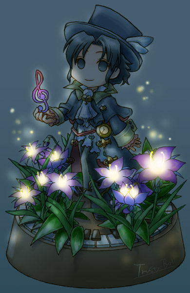 fuju, frederic chopin (trusty bell), trusty bell, bad id, bad pixiv id, 1boy, blue eyes, blue hair, chibi, flower, hat, male focus, matching hair/eyes, musical note, nature, solo, top hat