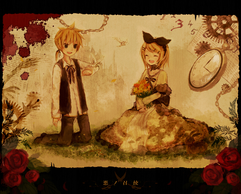 mikanniro, allen avadonia, kagamine len, kagamine rin, aku no meshitsukai (vocaloid), aku no musume (vocaloid), evillious nendaiki, vocaloid, 1boy, 1girl, bird, blonde hair, blood, blue eyes, brother and sister, dress, flower, gears, hair ornament, hair ribbon, hairclip, ribbon, rose, short hair, siblings, smile, twins, victorian, watch, wristwatch, yellow dress