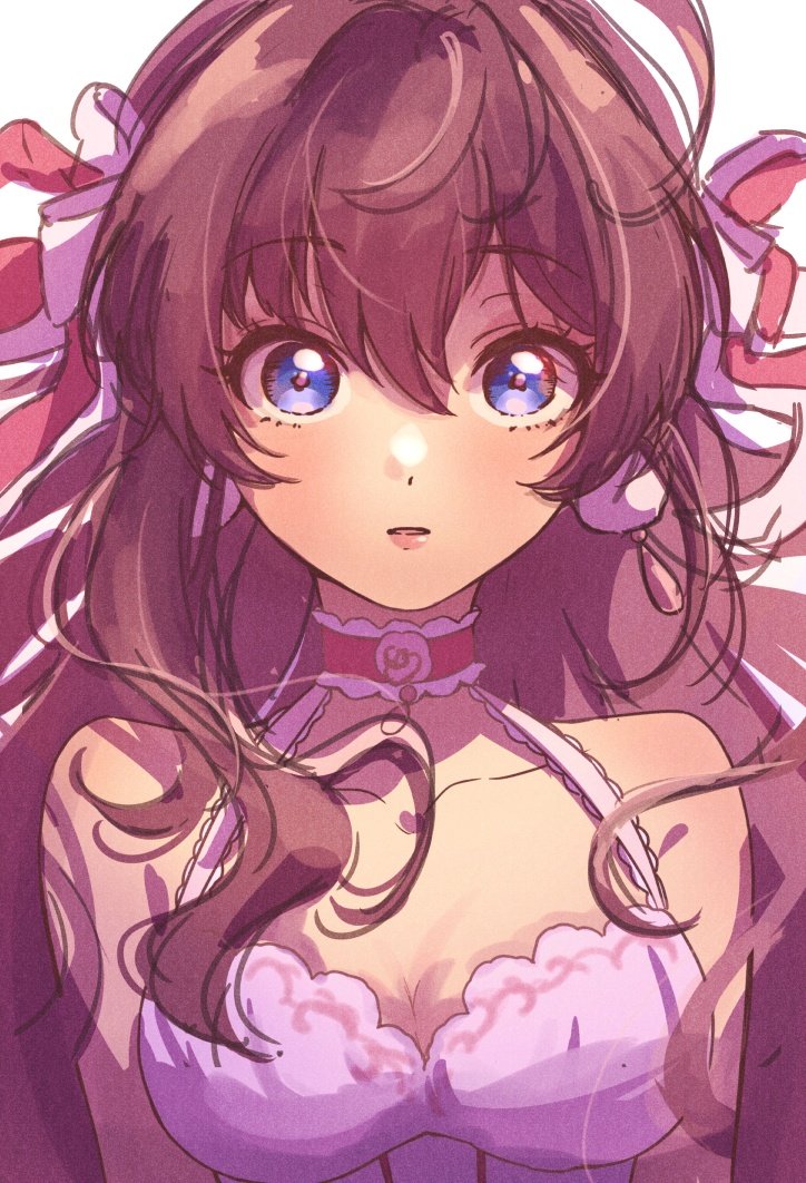 chagi chage, ichinose shiki, idolmaster, idolmaster cinderella girls, commentary request, 1girl, bare shoulders, blue eyes, blush, breasts, brown hair, choker, dress, long hair, looking at viewer, medium breasts, parted lips, solo, upper body, wide-eyed