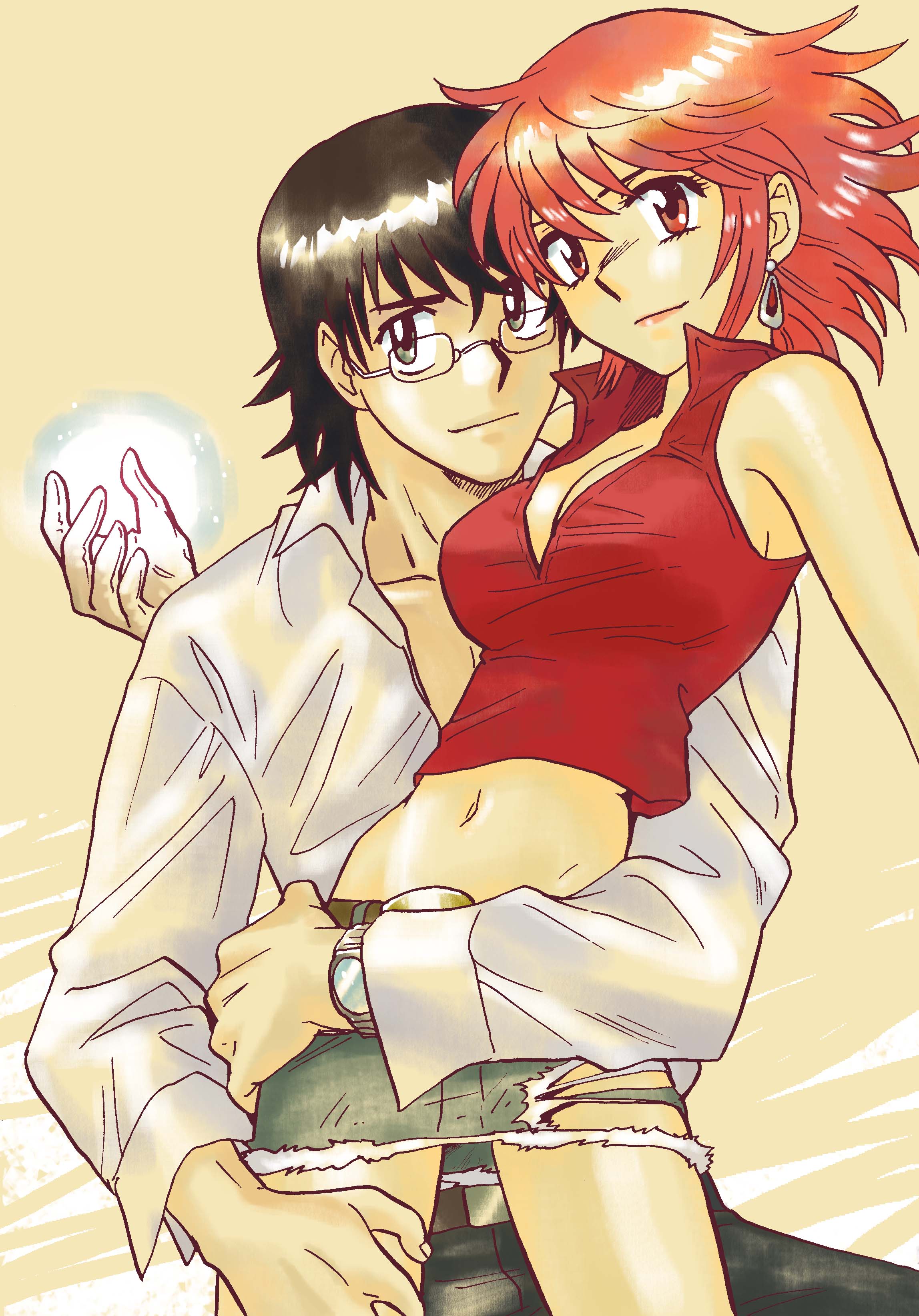 akakokorozashi, akashi (akashics), akashi kaoru, minamoto kouichi, zettai karen children, absurdres, highres, 00s, 1boy, 1girl, aged up, aura, couple, hetero, hug, hug from behind, manly, torn clothes