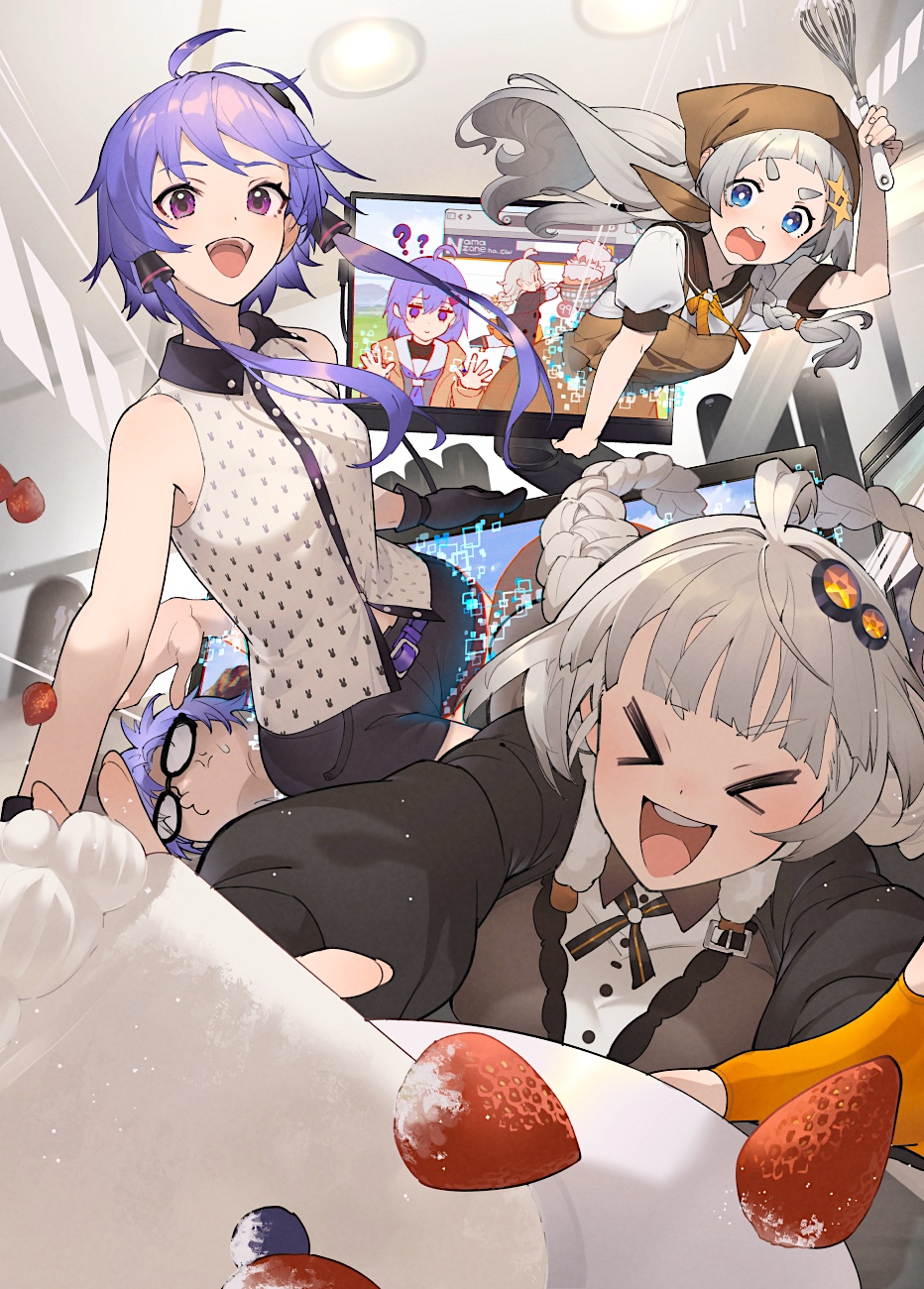 shirinda fureiru, kizuna akari, kizuna akari (tsubomi), yuzuki yukari, yuzuki yukari's younger twin brother, yuzuki yukari (a.i. voice), yuzuki yukari (shizuku), a.i. voice, vocaloid, voiceroid, commentary, highres, > <, 1boy, 5girls, :d, ?, ??, anger vein, black-framed eyewear, black jacket, blue eyes, blueberry, braid, breasts, brown jacket, cake, collared shirt, cream, dual persona, food, fruit, glasses, grey hair, hair ornament, holding, holding whisk, jacket, kizuna akari (moe), multiple girls, multiple persona, open mouth, plate, purple eyes, purple hair, sailor collar, screen, shirt, siblings, sleeveless, sleeveless shirt, smile, strawberry, teeth, through medium, through screen, tongue, upper teeth only, v-shaped eyebrows, whisk, white sailor collar, white shirt