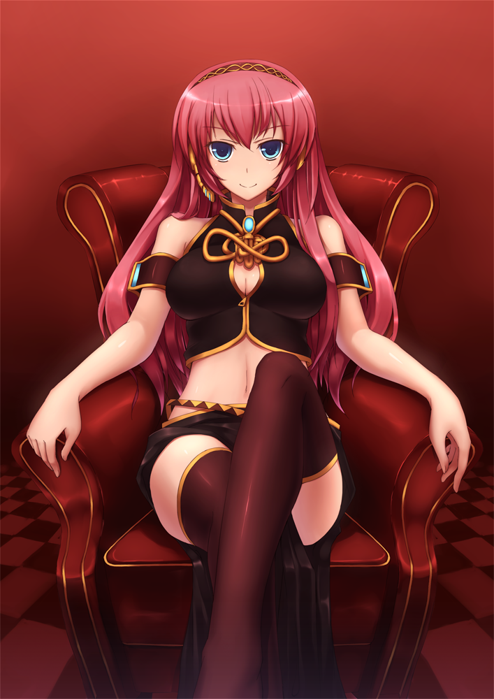 zenn, megurine luka, vocaloid, bad id, bad pixiv id, 1girl, blue eyes, breasts, cleavage, crossed legs, female focus, headphones, headset, long hair, midriff, navel, pink hair, sitting, solo, thighhighs