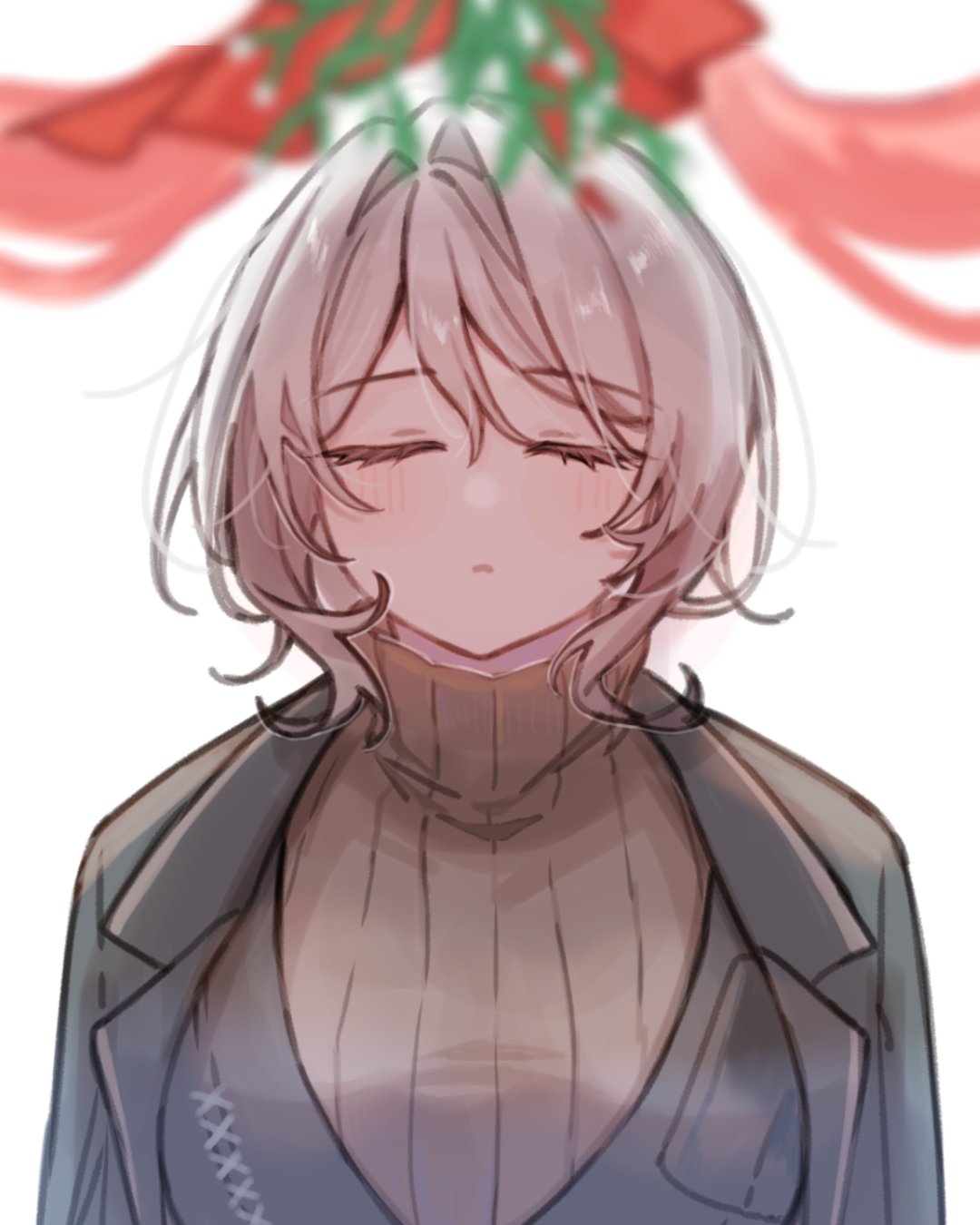 faust (project moon), limbus company, project moon, commentary, highres, symbol-only commentary, 1girl, black suit, breasts, closed eyes, facing viewer, formal clothes, hair between eyes, imminent kiss, large breasts, looking at viewer, mistletoe, ribbed sweater, simple background, solo, suit, sweater, turtleneck, upper body, wai yo, white background, white hair, white sweater