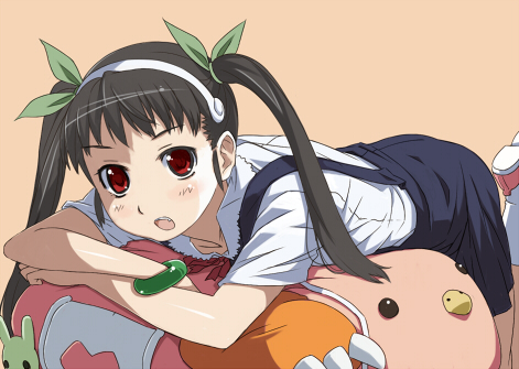 imo works, hachikuji mayoi, bakemonogatari, monogatari (series), lowres, 00s, 1girl, backpack, bag, black hair, female focus, randoseru, red eyes, school uniform, simple background, skirt, solo, suspender skirt, suspenders, twintails