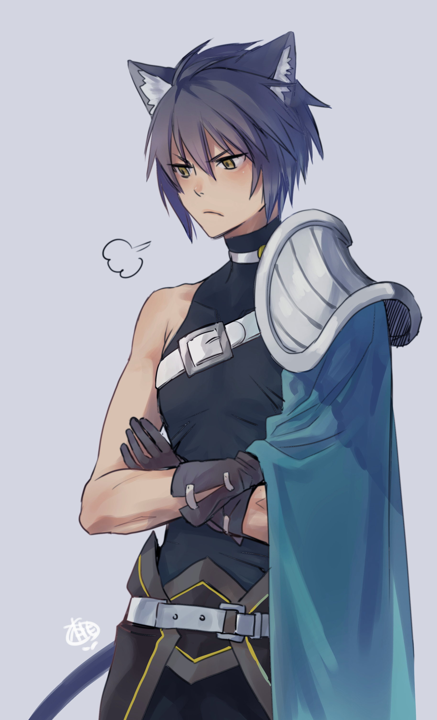 momoyama hinase, allen fromel, dungeon ni deai wo motomeru no wa machigatteiru darou ka, absurdres, commentary request, highres, 1boy, animal ear fluff, animal ears, armor, black gloves, black hair, black shirt, blue cape, cape, cat boy, cat ears, closed mouth, compression shirt, crossed arms, frown, gloves, grey background, hair between eyes, male focus, pauldrons, puff of air, shirt, short hair, shoulder armor, side cape, signature, simple background, single pauldron, sleeveless, sleeveless shirt, solo, standing, turtleneck, turtleneck shirt, yellow eyes