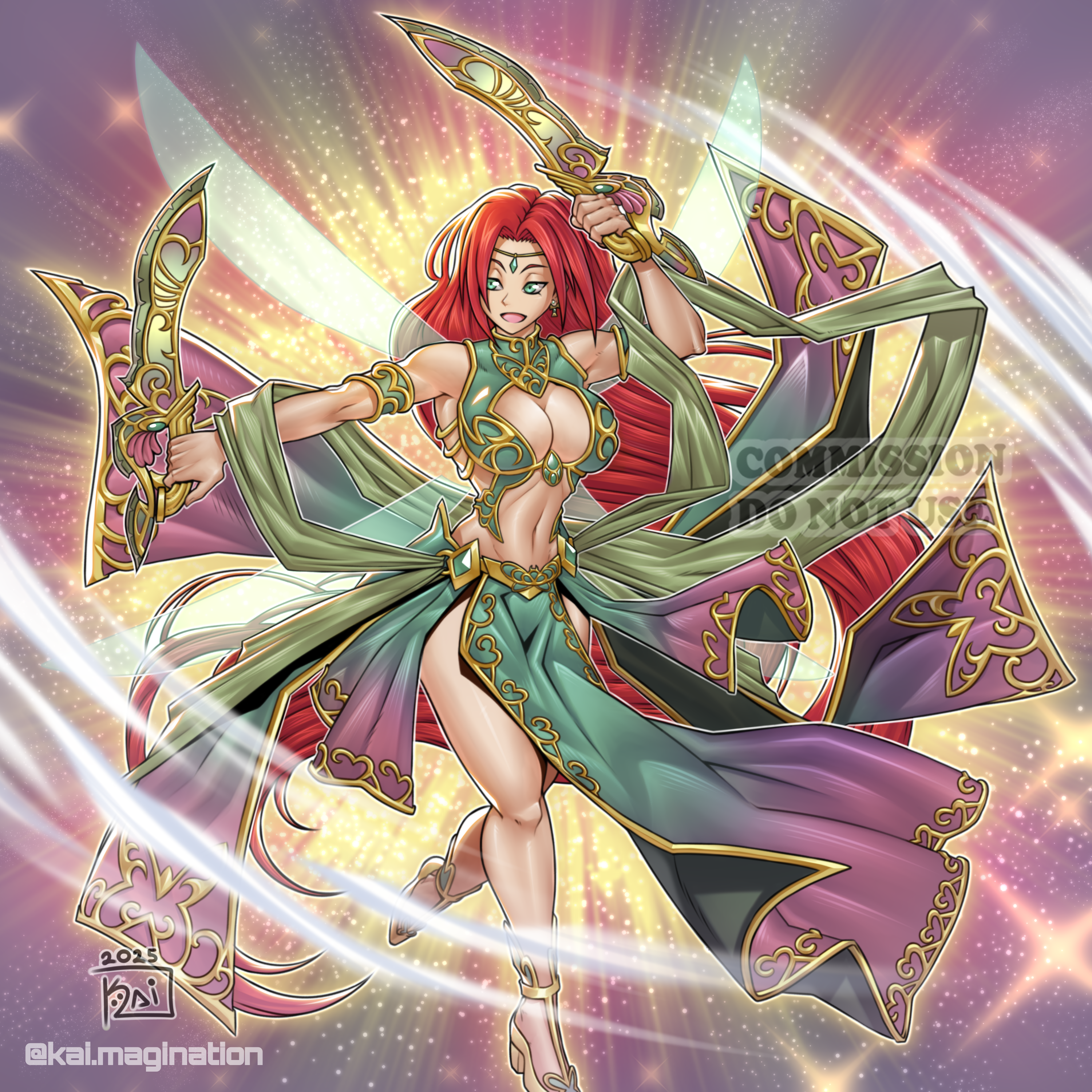 kai.magination, yu-gi-oh!, absurdres, highres, arabian clothes, armlet, bustier, cleavage cutout, clothing cutout, dagger, dual wielding, duel monster, fairy wings, full body, green eyes, guardian elma, harem outfit, high heels, holding, holding dagger, holding knife, holding weapon, jewelry, knife, long hair, navel, open mouth, pelvic curtain, red hair, redesign, toned, toned female, very long hair, weapon, wings