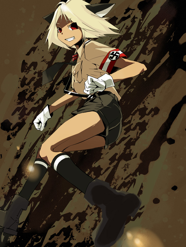 genda, schroedinger (hellsing), hellsing, uniform, 1boy, animal ears, armband, cat boy, cat ears, gloves, male focus, nazi, shorts, smile, socks, solo, swastika, trap