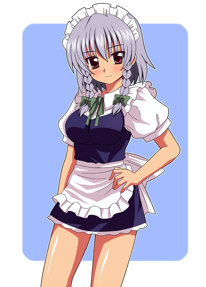 amakuri, izayoi sakuya, embodiment of scarlet devil, touhou, silver hair, bad id, bad pixiv id, 1girl, apron, braid, breasts, female focus, headdress, maid, maid apron, red eyes, solo, twin braids