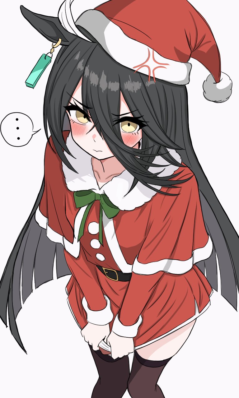 manhattan cafe (umamusume), umamusume, commentary request, highres, …, 1girl, anger vein, angry, animal ears, black hair, black thighhighs, blunt ends, blush, cape, capelet, closed mouth, clothes pull, dress, dress pull, ear ornament, ear tag, earrings, embarrassed, fur-trimmed capelet, fur trim, furrowed brow, hat, horse ears, horse girl, jewelry, long hair, long sleeves, pom pom (clothes), red cape, red dress, red hat, santa hat, simple background, single earring, solo, speech bubble, spoken ellipsis, thighhighs, user rmus7348, very long hair, white background, yellow eyes