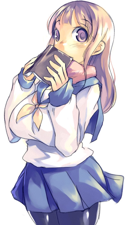 mikage sekizai, 1girl, book, breasts, brown hair, female focus, huge breasts, long hair, pantyhose, scarf, school uniform, serafuku, simple background, skirt, solo, white background