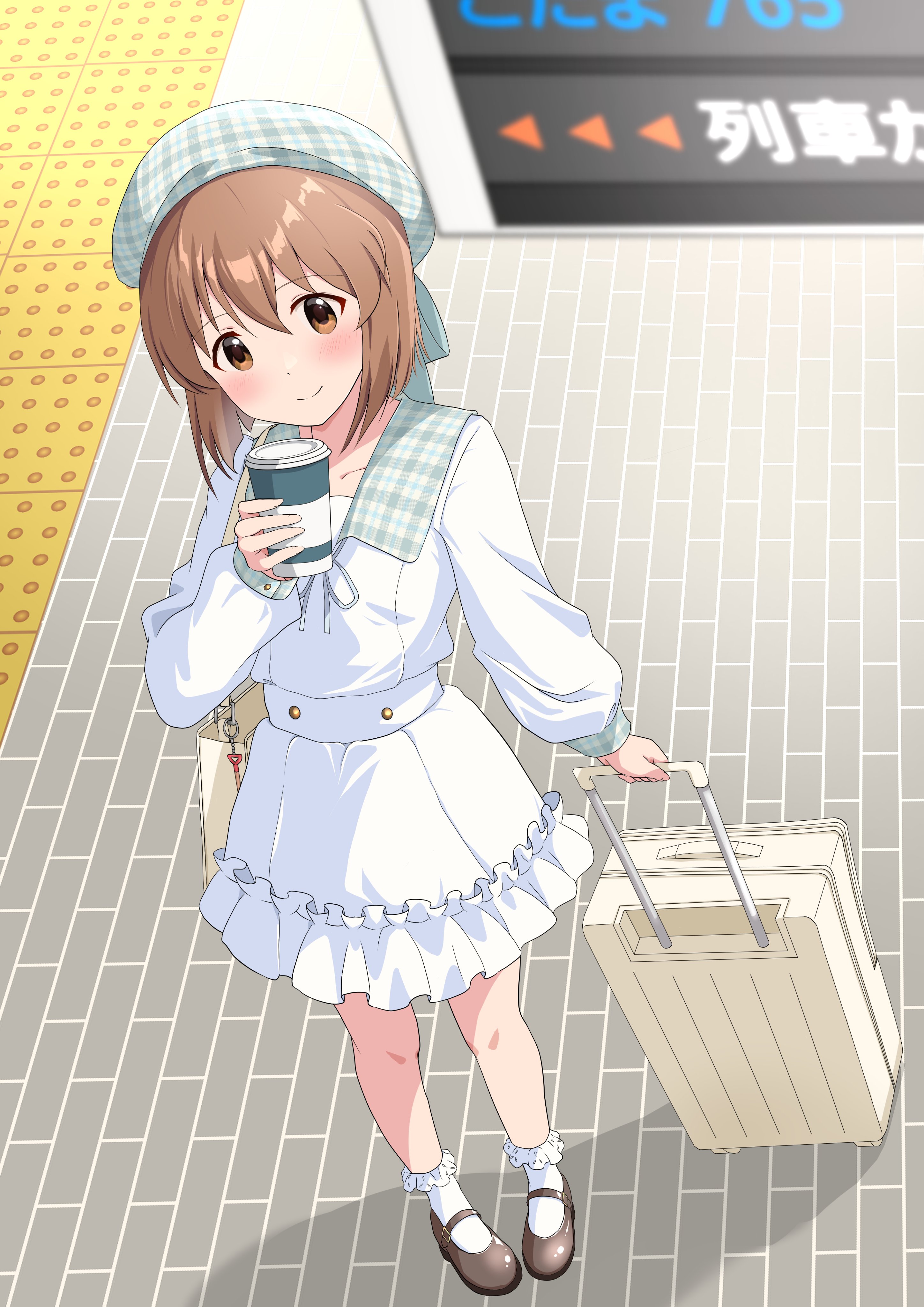 yukipo p, hagiwara yukiho, idolmaster, idolmaster (classic), absurdres, commentary request, highres, 1girl, bag, blunt ends, blush, bob cut, brown eyes, brown hair, cup, disposable coffee cup, disposable cup, dress, frilled dress, frilled socks, frills, from above, handbag, hat, holding, holding suitcase, looking at viewer, mary janes, rolling suitcase, shoes, socks, solo, suitcase, train station platform, white dress