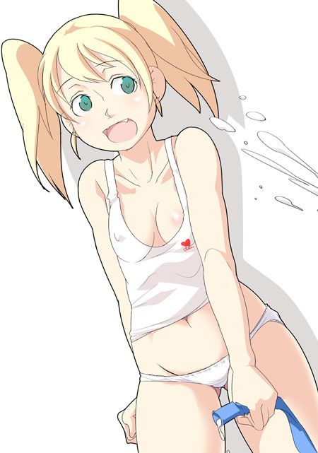 aoba sachi, 1girl, blonde hair, blue eyes, bottomless, breasts, camisole, cleavage, covered erect nipples, fang, female focus, hose, large breasts, nipple slip, nipples, panties, short twintails, solo, twintails, underwear, underwear only, white background, white panties