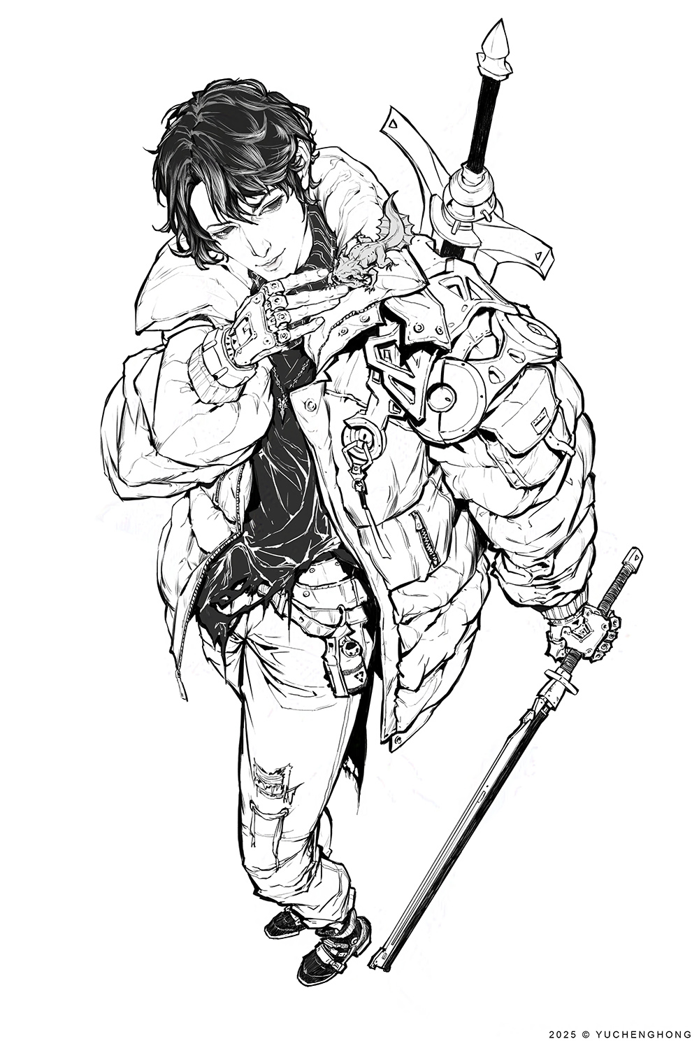 yu cheng hong, original, animal request, commentary, english commentary, highres, unfinished, 1boy, 2025, arm at side, artist name, belt, buttons, coat, copyright notice, denim, explosive, fingerless gloves, foreshortening, from above, full body, gloves, grenade, greyscale, hand up, holding, holding sword, holding weapon, invisible floor, jeans, jewelry, lizard, long sleeves, looking at animal, male focus, monochrome, multiple swords, necklace, nose, open clothes, open coat, pants, parted lips, prosthesis, prosthetic hand, shirt, shoes, short hair, simple background, smile, solo, standing, sword, sword on back, torn clothes, torn jeans, torn pants, turtleneck, turtleneck shirt, very short hair, weapon, weapon on back, zipper