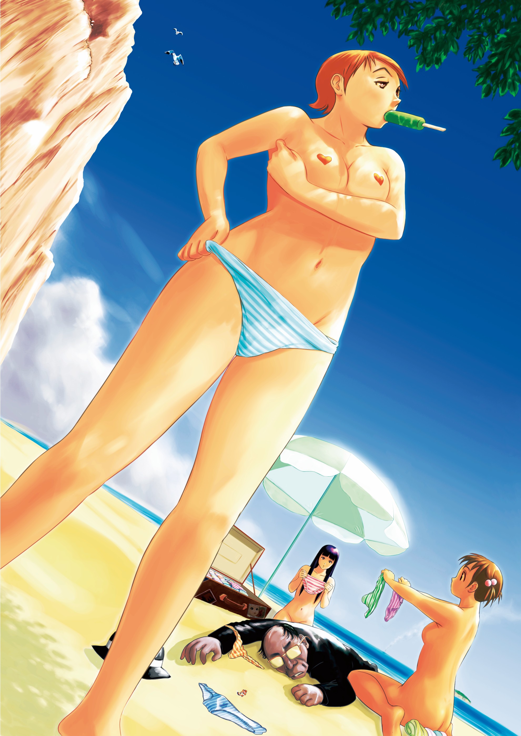 gabu, absurdres, highres, 1boy, 3girls, barefoot, beach, black hair, breasts, briefcase, brown eyes, brown hair, clothed male nude female, cloud, day, dressing, dutch angle, food, glasses, heart, heart pasties, medium breasts, mouth hold, multiple girls, nipples, nude, old, old man, outdoors, panties, pasties, popsicle, sky, striped clothes, striped panties, topfreedom, topless female, umbrella, underwear