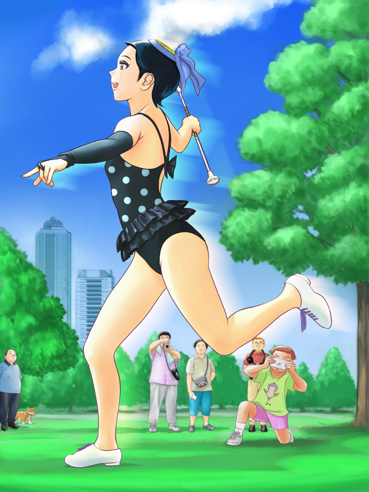 gabu, baton, highres, 1girl, 5boys, black hair, bridal gauntlets, building, cloud, dog, leotard, multiple boys, outdoors, park, short hair, sky, skyscraper, tree