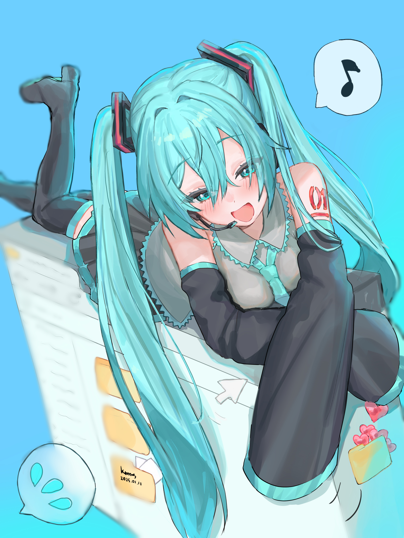 kanimiso uni, hatsune miku, vocaloid, commentary request, highres, 1girl, aqua background, aqua eyes, aqua hair, aqua necktie, aqua trim, arm tattoo, bare shoulders, black skirt, blush, breasts, collared shirt, grey shirt, hair between eyes, hair ornament, headset, long hair, looking at viewer, lying, medium breasts, miniskirt, musical note, necktie, number tattoo, on stomach, open mouth, pleated skirt, shirt, skirt, sleeveless, sleeveless shirt, sleeves past fingers, sleeves past wrists, smile, solo, speech bubble, spoken musical note, tattoo, twintails, very long hair