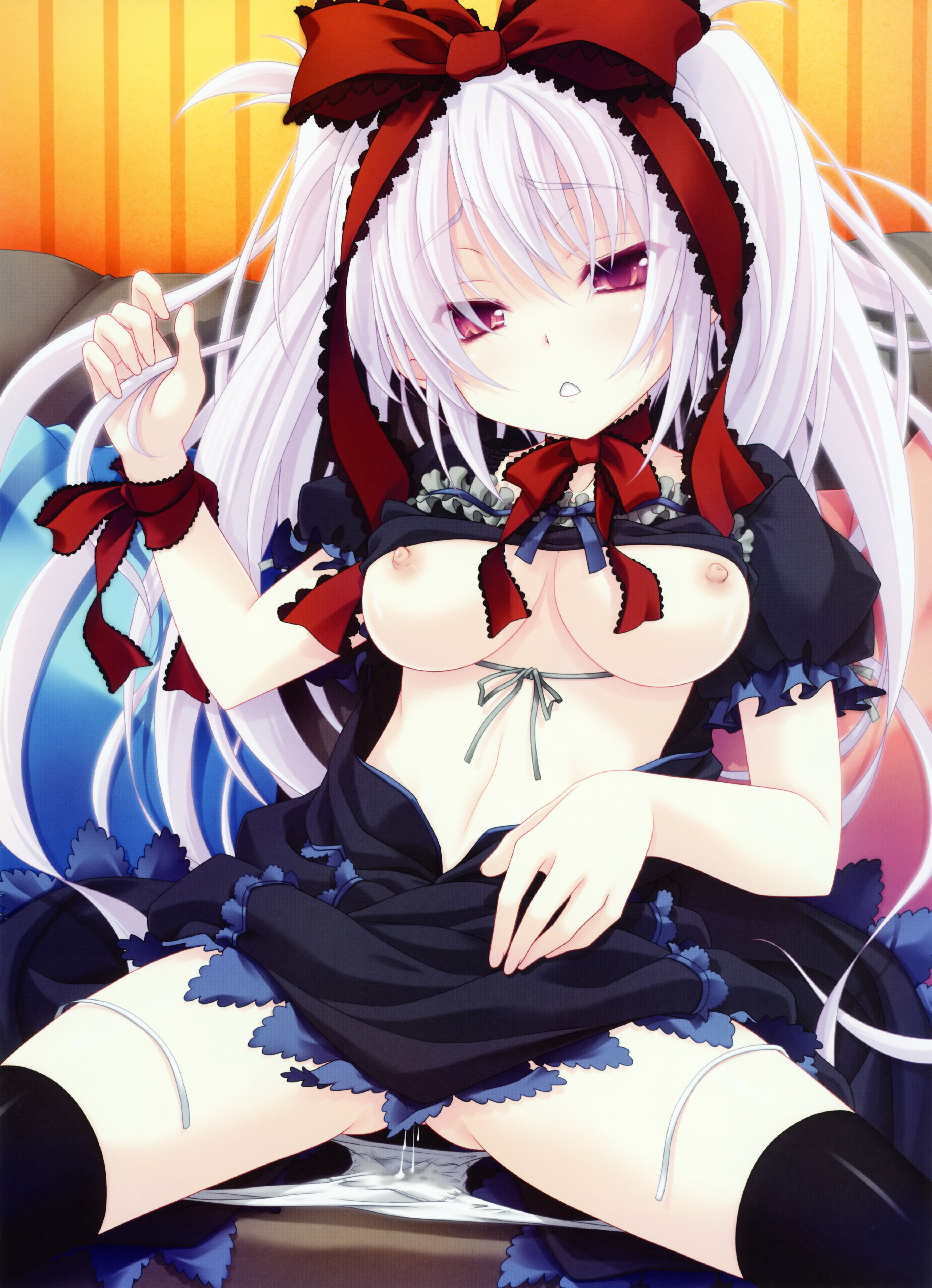 miyama-zero, absurdres, highres, 1girl, blush, breasts, clothes lift, female focus, hair ribbon, long hair, medium breasts, panties, purple eyes, purple hair, pussy juice, ribbon, shirt lift, sitting, solo, thighhighs, underwear