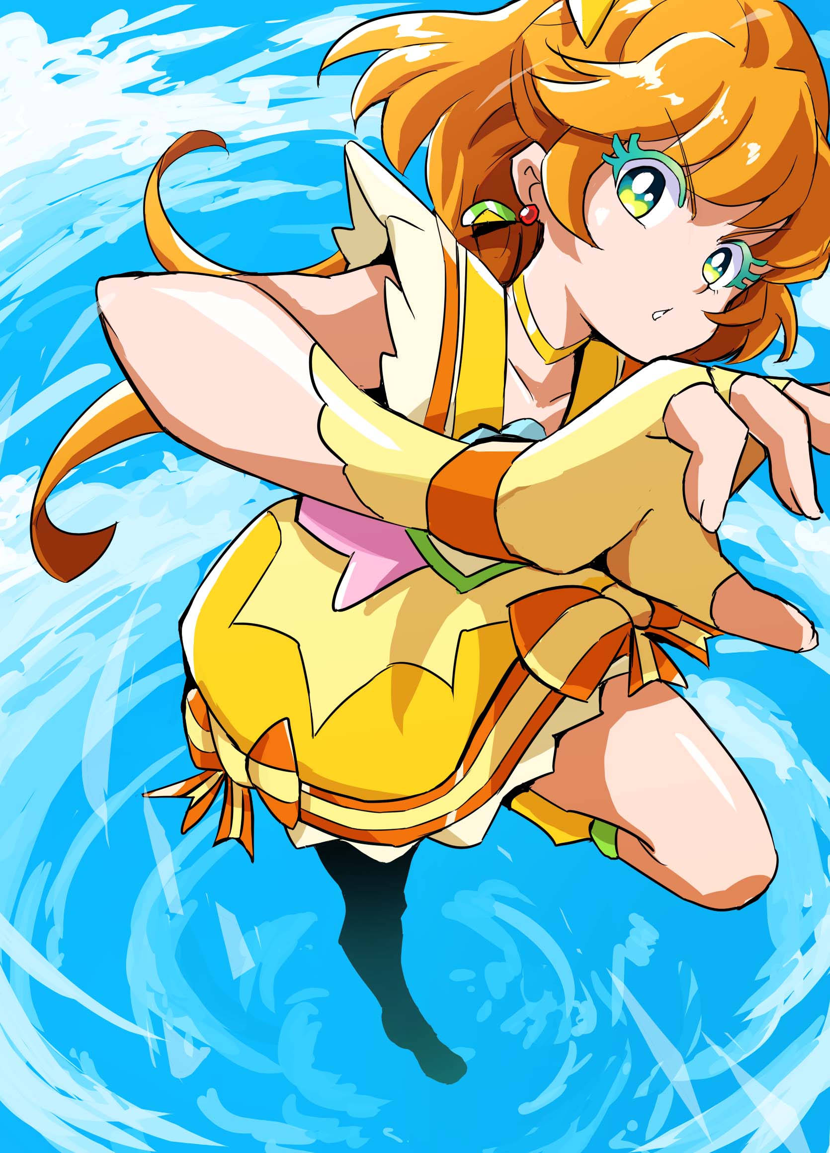 uraki, cure papaya, ichinose minori, precure, tropical-rouge! precure, commentary, highres, 1girl, blue sky, bow, choker, cloud, colored eyelashes, dress, dress bow, earrings, fingerless gloves, gloves, green eyes, heart, heart in eye, jewelry, jumping, leg up, leg warmers, long hair, looking at viewer, magical girl, orange bow, orange hair, outdoors, parted lips, sky, solo, symbol in eye, yellow choker, yellow dress, yellow gloves, yellow leg warmers