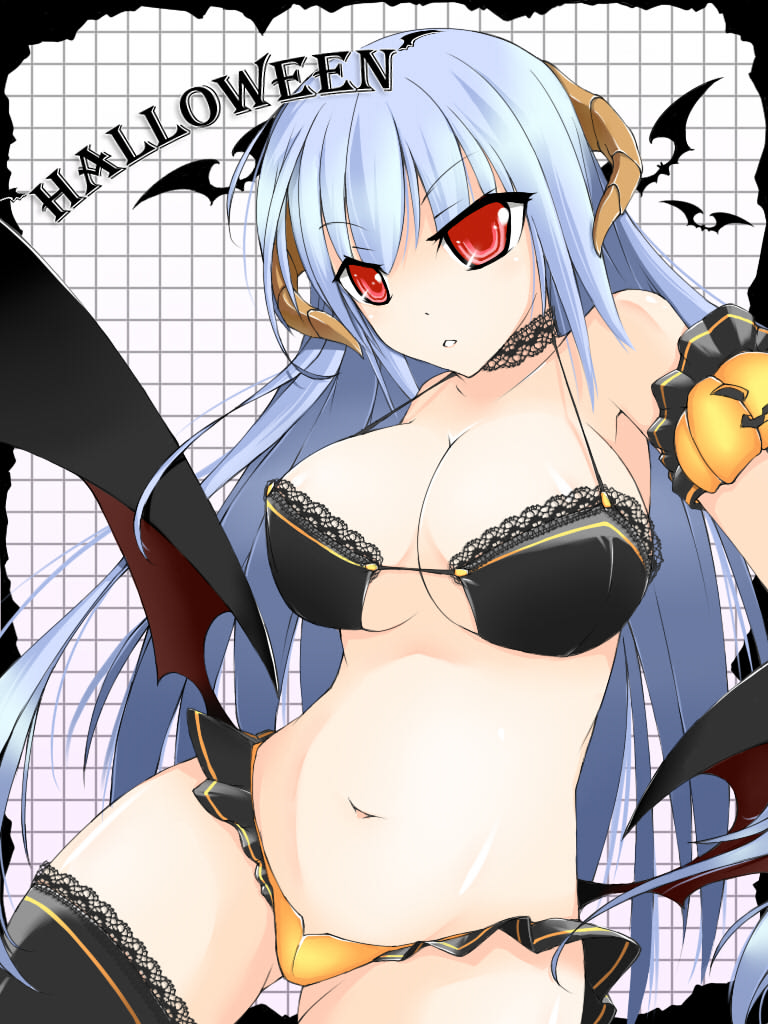 dean (momodean), original, bad id, bad pixiv id, 1girl, blue hair, bra, breasts, cleavage, demon girl, female focus, halloween, horns, large breasts, lingerie, long hair, panties, red eyes, solo, thighhighs, underwear, underwear only, wings