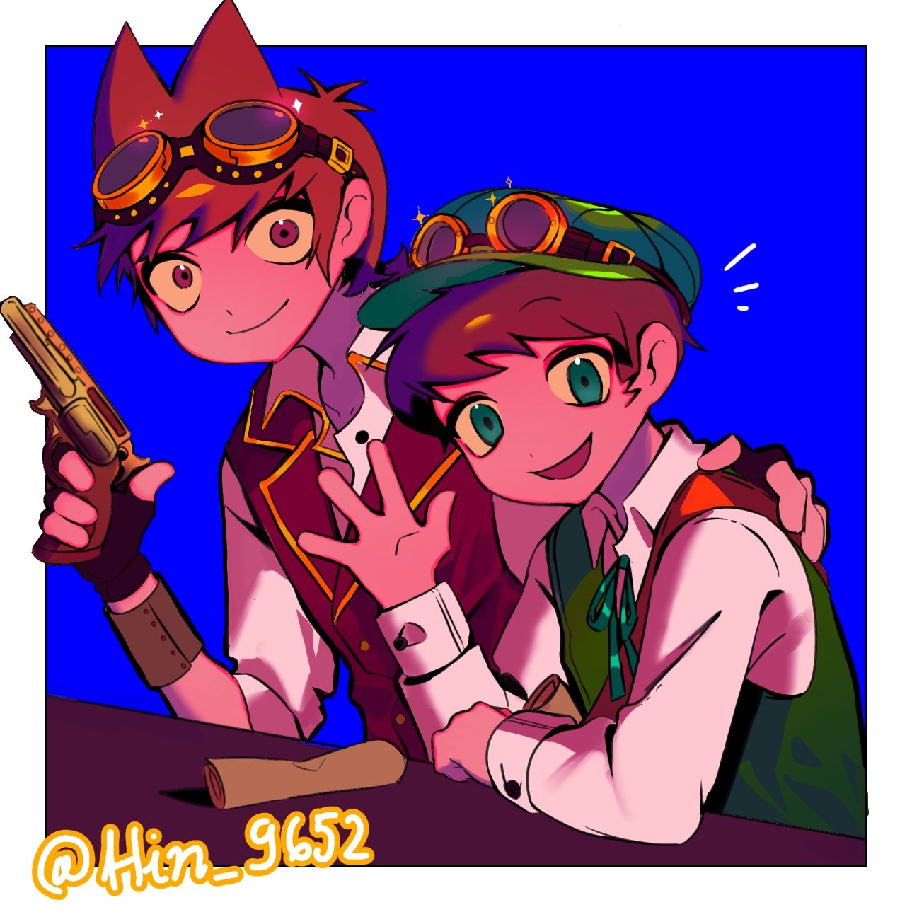 hin 9652, edd (eddsworld), eddsworld, commentary, english commentary, highres, 2boys, alternate costume, alternate universe, animification, antenna hair, black gloves, blue background, border, brown hair, fingerless gloves, formal clothes, gloves, goggles, goggles on head, goggles on headwear, green eyes, green hat, green vest, gun, hair ears, hand on another's shoulder, hat, holding, holding gun, holding weapon, long sleeves, looking at viewer, male focus, multiple boys, notice lines, open mouth, paper, red eyes, red vest, shirt, short hair, signature, simple background, smile, steampunk, tord (eddsworld), vest, weapon, white border, white shirt, wrist cuffs