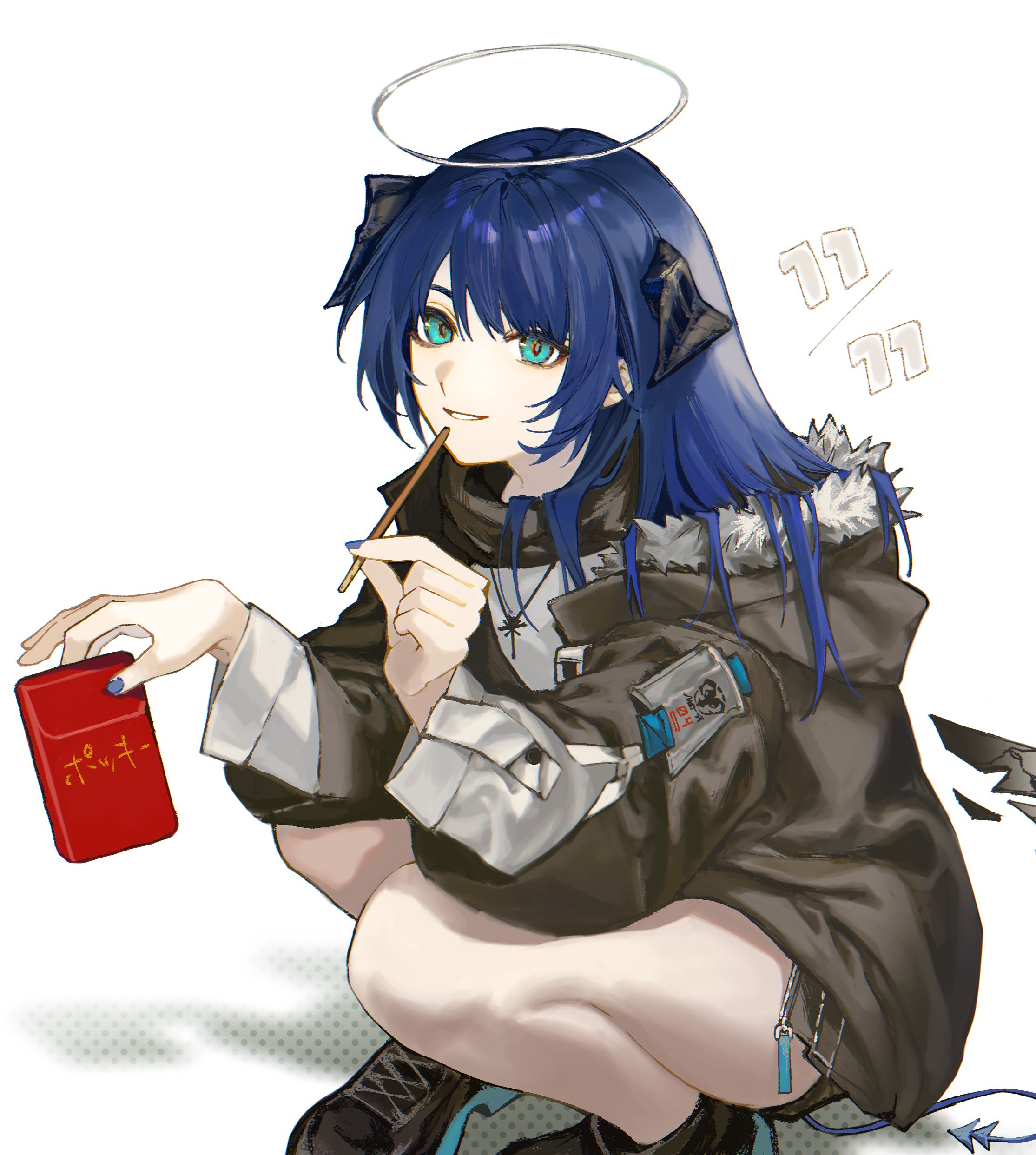 arknights yuu12, mostima (arknights), arknights, absurdres, commentary, highres, symbol-only commentary, 1girl, aqua eyes, bare legs, black horns, black jacket, black shoes, blue hair, blue nails, blue tail, demon horns, demon tail, elbow rest, food, foot out of frame, fur-trimmed hood, fur trim, hair flowing over, halo, holding, holding food, holding pocky, hood, hooded jacket, horns, jacket, long hair, long sleeves, looking at viewer, pocky, pocky day, shirt, shoes, sidelocks, smile, solo, squatting, tail, traditional halo, white halo, white shirt