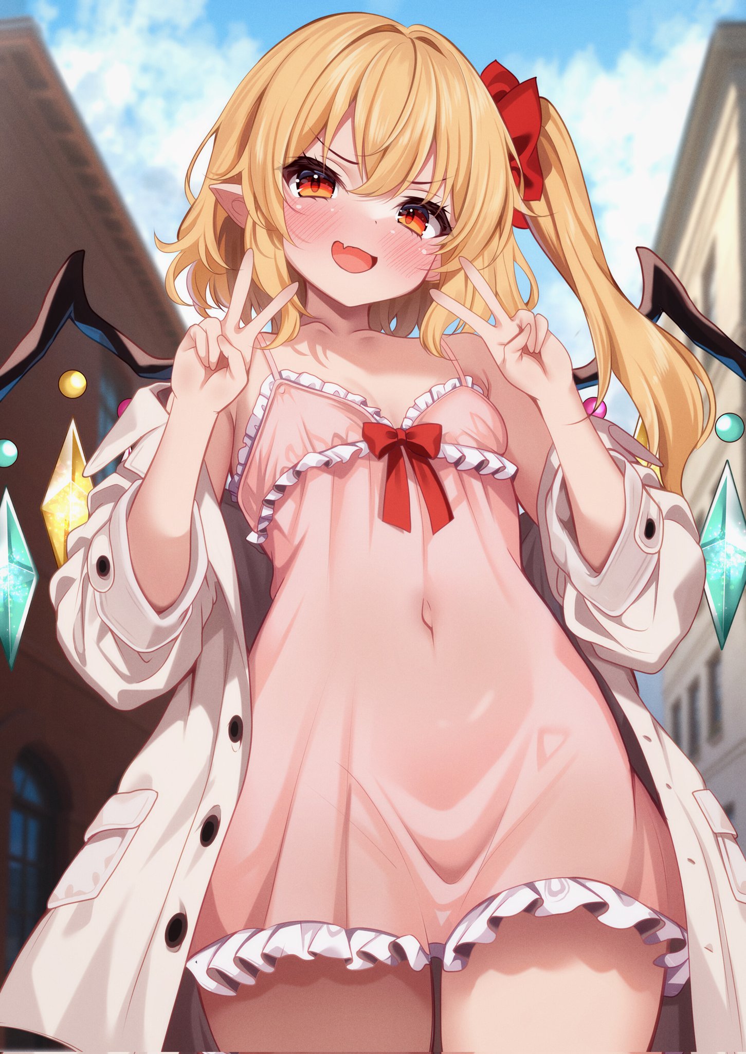 shirotsuki shirone, flandre scarlet, touhou, commentary request, highres, 1girl, blonde hair, blush, breasts, coat, collarbone, covered navel, crystal wings, double v, embarrassed, fang, from below, hair between eyes, hands up, looking at viewer, medium hair, nightgown, open clothes, open coat, outdoors, parted lips, pink nightgown, pointy ears, side ponytail, skin fang, small breasts, smile, solo, thighs, v, vampire, white coat, wings
