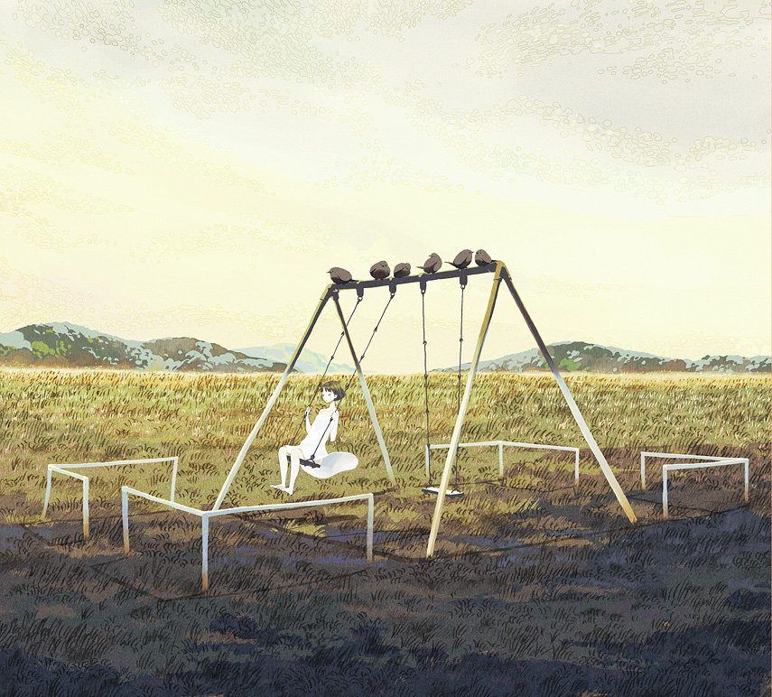 kumaori jun, original, bad id, bad pixiv id, 1girl, barefoot, bird, brown hair, dress, feet, female focus, grass, landscape, mountain, outdoors, short hair, solo, sundress, swing