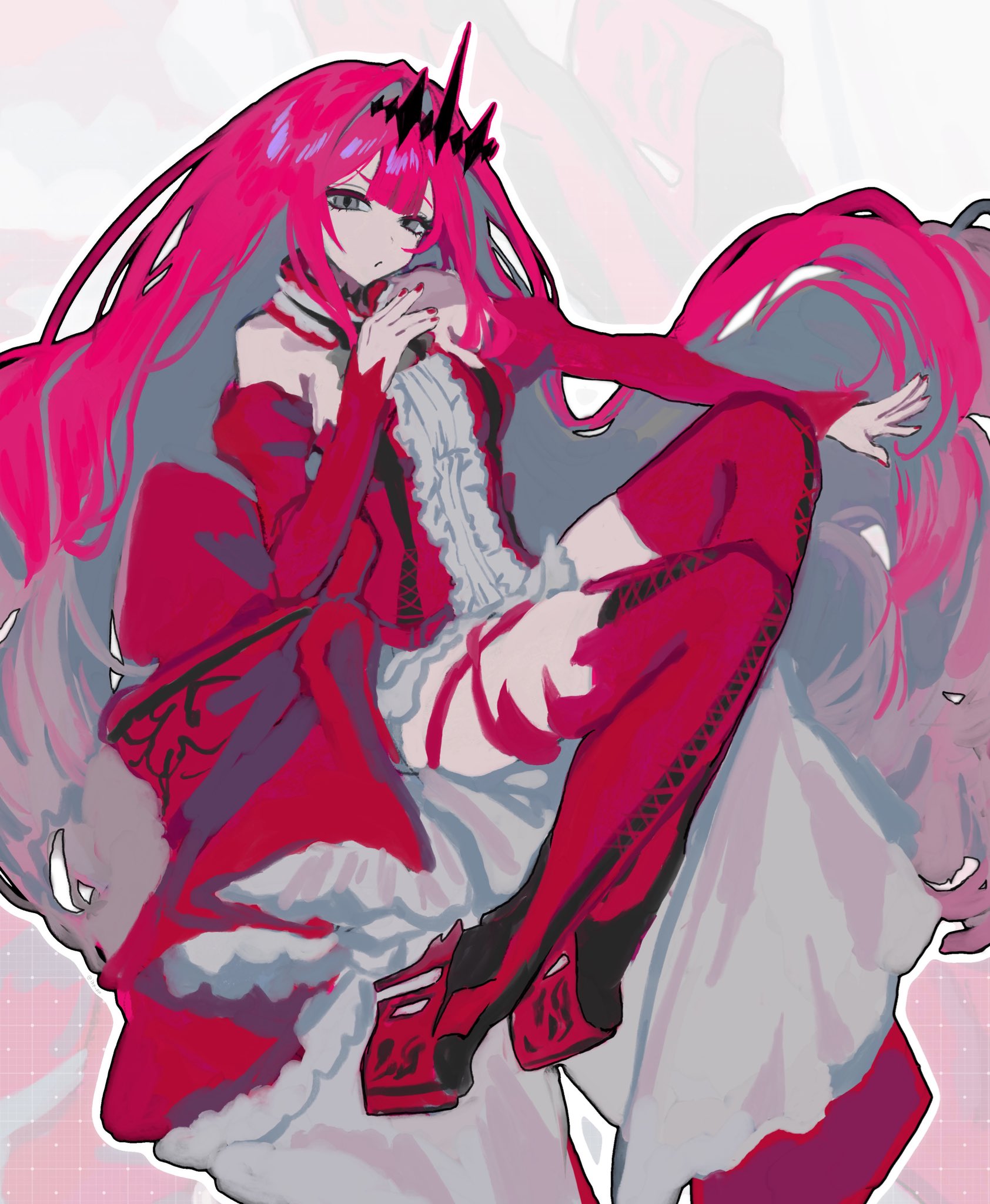 baobhan sith (fate), baobhan sith (first ascension) (fate), fate/grand order, fate (series), highres, 1girl, boots, breasts, detached hood, dress, frilled dress, frills, grey eyes, hair ornament, hand up, high heel boots, high heels, ihp pp, long hair, looking at viewer, pink hair, platform heels, sidelocks, solo, thigh boots