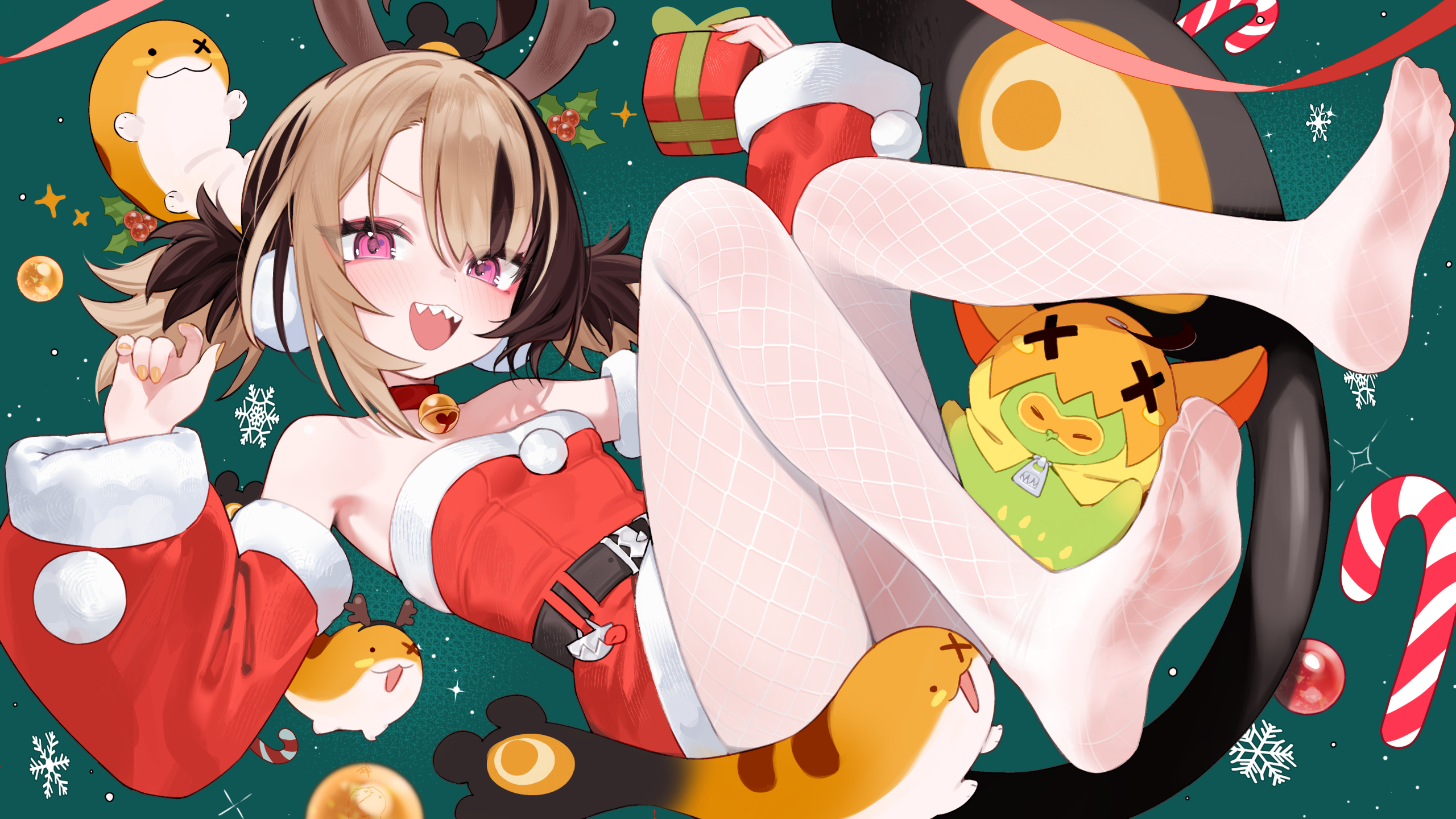 hoshi usagi, gigi murin, grem (gigi murin), popo (gigi murin), hololive, hololive english, commentary, english commentary, highres, 1girl, ahoge, bare shoulders, bell, belt, black belt, breasts, brown hair, candy, candy cane, collar, detached sleeves, dress, earmuffs, fake antlers, fishnet pantyhose, fishnets, food, full body, fur-trimmed dress, fur-trimmed sleeves, fur trim, looking at viewer, multicolored hair, neck bell, no shoes, open mouth, pantyhose, pink eyes, pom pom (clothes), red collar, red dress, red sleeves, ribbon, santa costume, santa dress, sharp teeth, short dress, short hair, short twintails, small breasts, snowflakes, soles, strapless, strapless dress, tail, teeth, twintails, two-tone hair, upper teeth only, v-shaped eyebrows, virtual youtuber