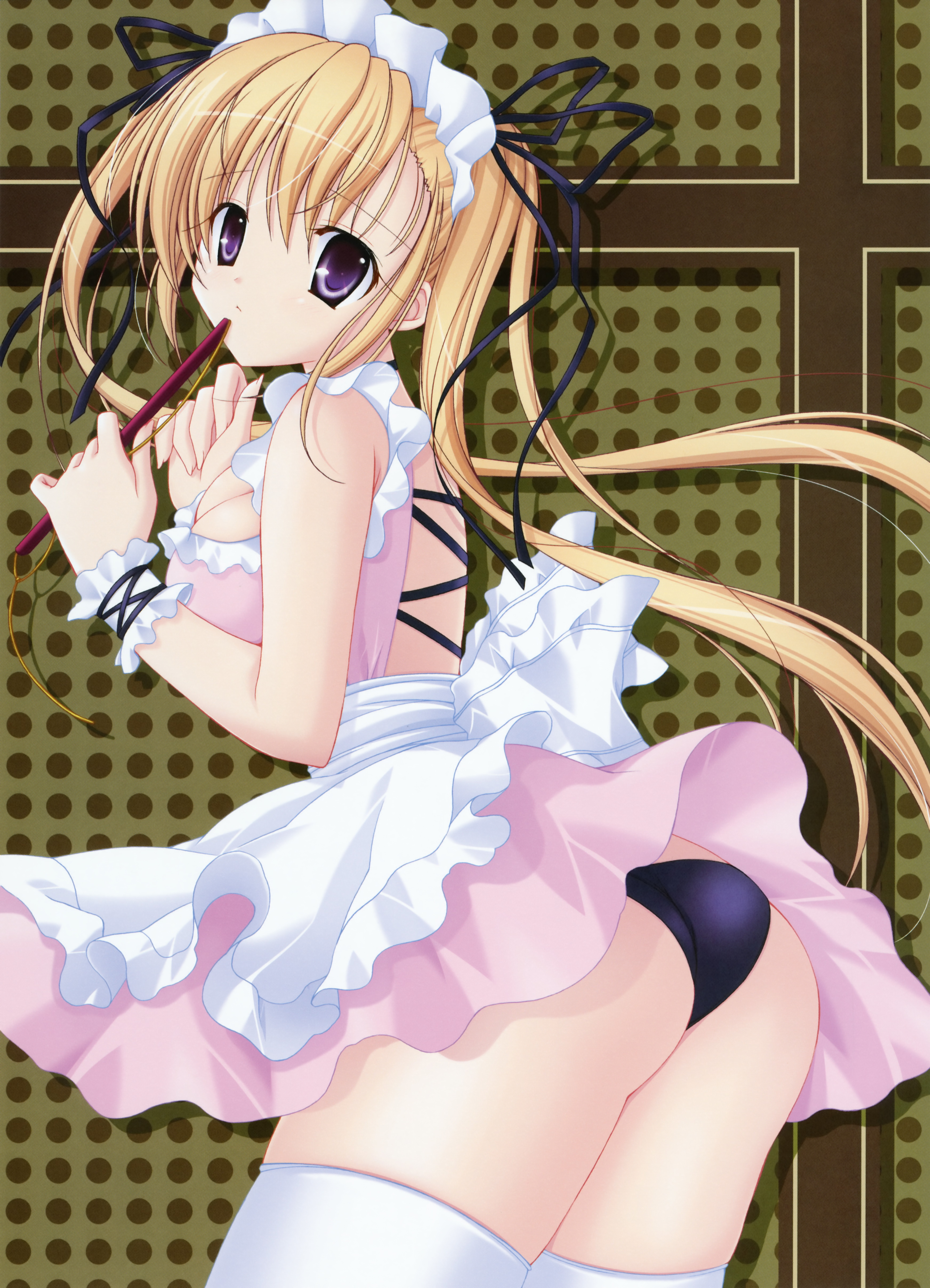 choco chip, original, otona no moeoh, absurdres, highres, scan, 1girl, apron, ass, black panties, blonde hair, breasts, cleavage, female focus, headdress, maid, medium breasts, panties, purple eyes, solo, thighhighs, underwear, waitress, wedgie, wind, wind lift