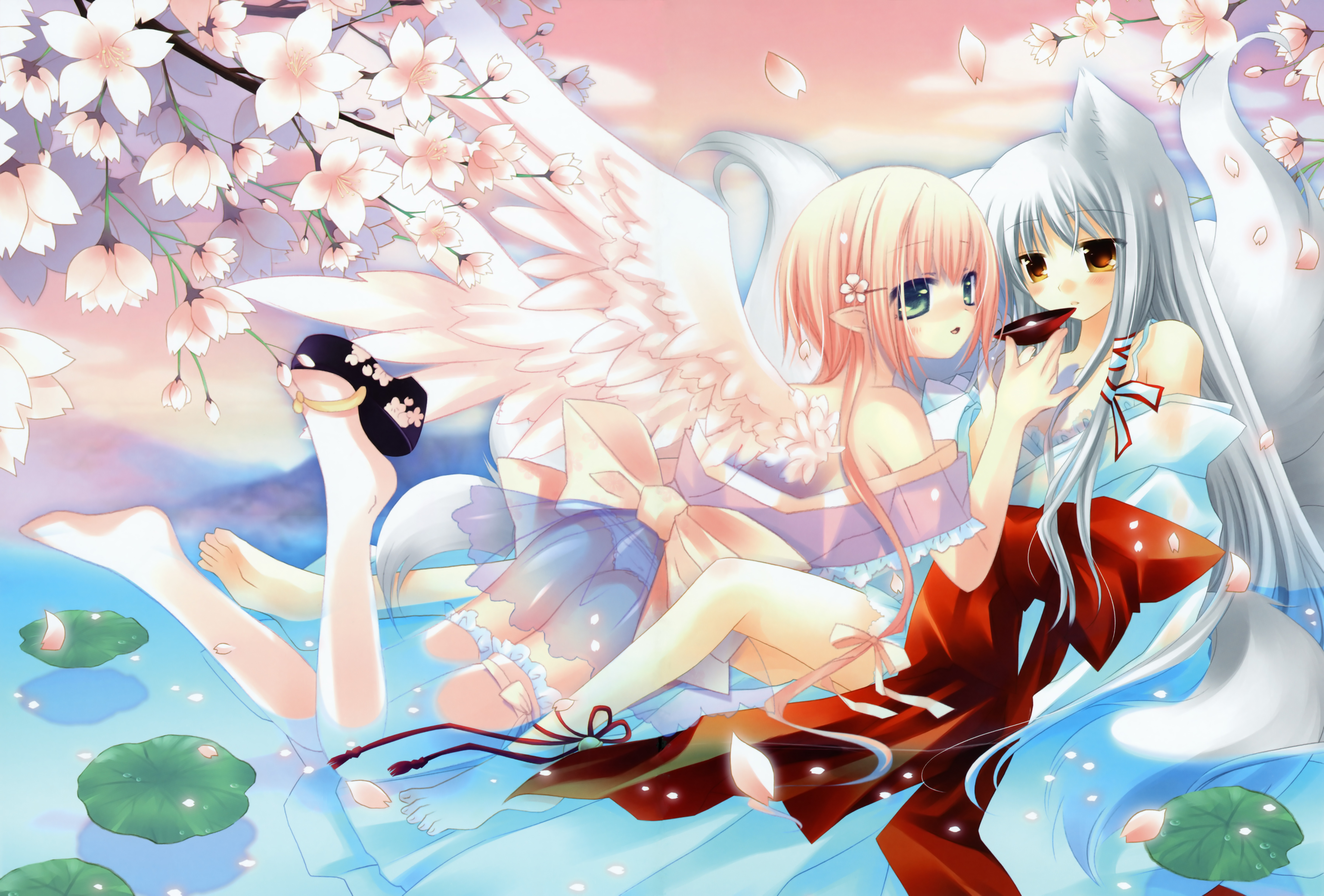 hinayuki usa, sakurazawa izumi, silver hair, absurdres, highres, 2girls, alcohol, angel, animal ears, barefoot, blonde hair, blush, cherry blossoms, fox ears, fox tail, green eyes, japanese clothes, long hair, miko, multiple girls, multiple tails, panties, pointy ears, ribbon, sake, see-through clothes, shoes, short hair, single shoe, tabi, tail, thighhighs, underwear, undressing, water, wings, yellow eyes