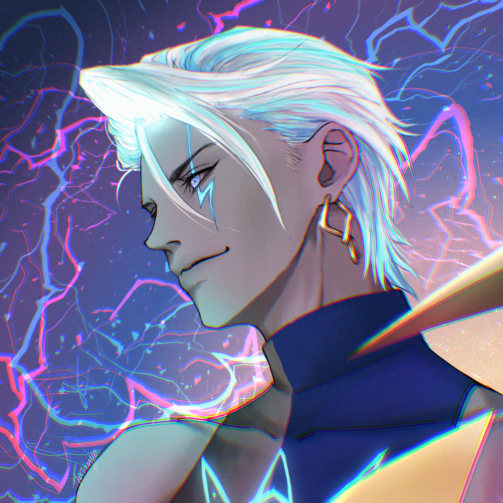 junkichi1222 (ryuya), indra (fate), indra (third ascension) (fate), fate/grand order, fate (series), commentary request, highres, 1boy, blue eyes, colored skin, earrings, grey skin, hair slicked back, jewelry, lightning, lightning bolt facial mark, male focus, shirt, sleeveless, sleeveless shirt, white hair