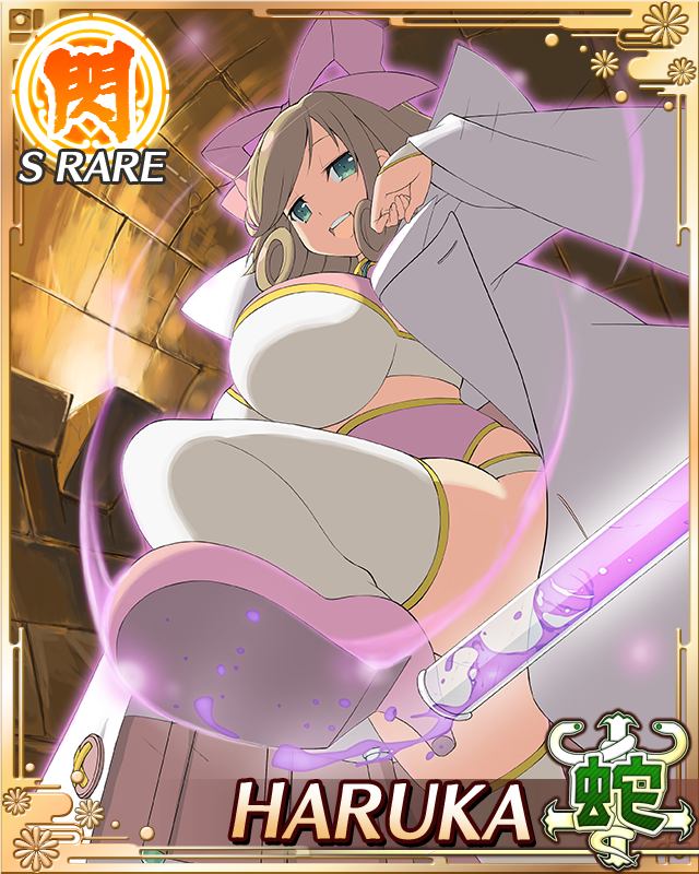 haruka (senran kagura), senran kagura, senran kagura new wave, game cg, official art, third-party source, 1girl, :d, arm up, border, bow, breasts, bridal gauntlets, brown hair, card (medium), character name, chemicals, cleavage, cleavage cutout, clothing cutout, coat, coat on shoulders, corset, crop top, curled ends, green eyes, hair bow, high heels, incoming attack, incoming kick, lab coat, large breasts, long hair, looking at viewer, open mouth, panties, pink bow, pink corset, pink shoes, shoes, smile, solo, swept bangs, test tube, thighhighs, tunnel, underwear, white bridal gauntlets, white coat, white panties, white thighhighs
