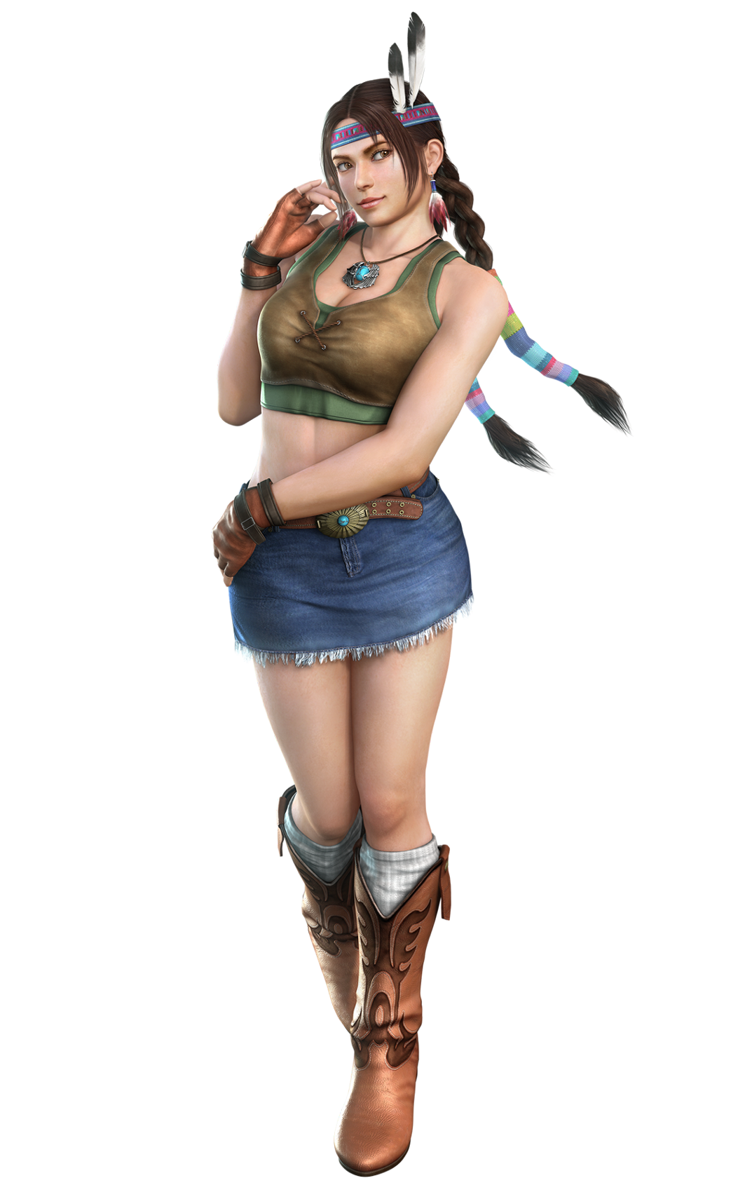 julia chang, namco, tekken, tekken 3, tekken 4, tekken 5 (dark resurrection), tekken tag tournament, highres, official art, 1girl, 3d, belt, boots, braid, brown eyes, brown hair, feathers, female focus, fingerless gloves, full body, gloves, hairband, pencil skirt, skirt, solo, standing, transparent background, twin braids