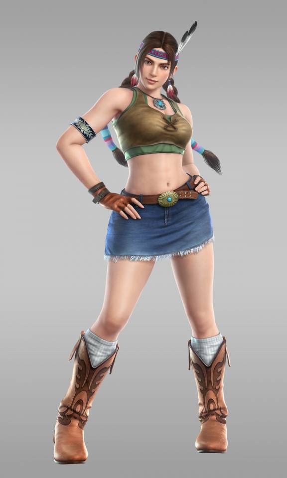julia chang, namco, tekken, tekken 3, tekken 4, tekken 5 (dark resurrection), tekken tag tournament, official art, 1girl, 3d, belt, boots, braid, brown eyes, brown hair, female focus, fingerless gloves, gloves, hairband, pencil skirt, ponytail, skirt, solo, twin braids