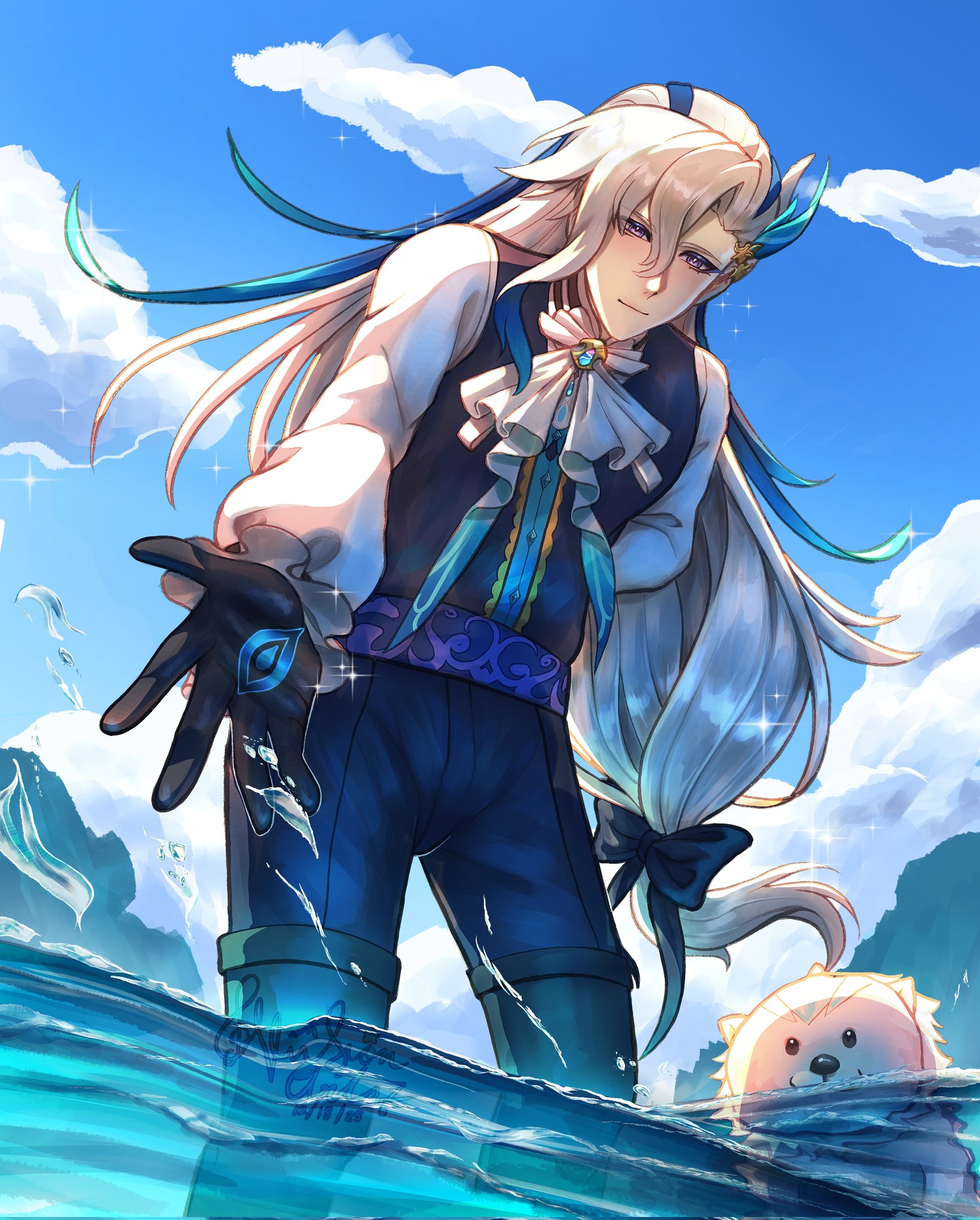 neuvillette (genshin impact), genshin impact, commentary, english commentary, highres, 1boy, ascot, black gloves, blue eyes, blue ribbon, blue sky, closed mouth, cloud, from below, full body, gloves, hair ribbon, long hair, long sleeves, looking at viewer, male focus, otter, outdoors, pants, puffy long sleeves, puffy sleeves, reaching, reaching towards viewer, ribbon, sky, solo, very long hair, viision arts7, water, white ascot, white hair
